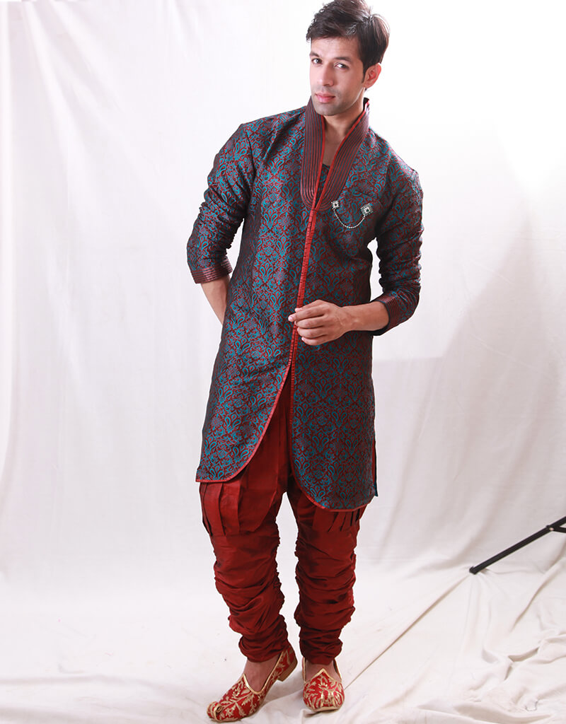 Blue Indo-Western Kela Brocade Churidar Suit - Elegant Ethnic Wear for Parties & Festivals