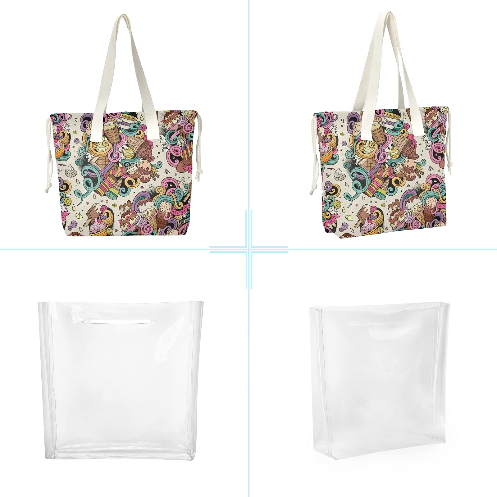 Hand Drawn Desserts Clear Tote Bags for Women - 2 in 1 Transparent Shoulder Bag & Shopping Beach Tote - See Through Canvas Handbag for Work, Casual, Party & Concert - Perfect for Grocery Shopping, Beach Outings & Music Festivals