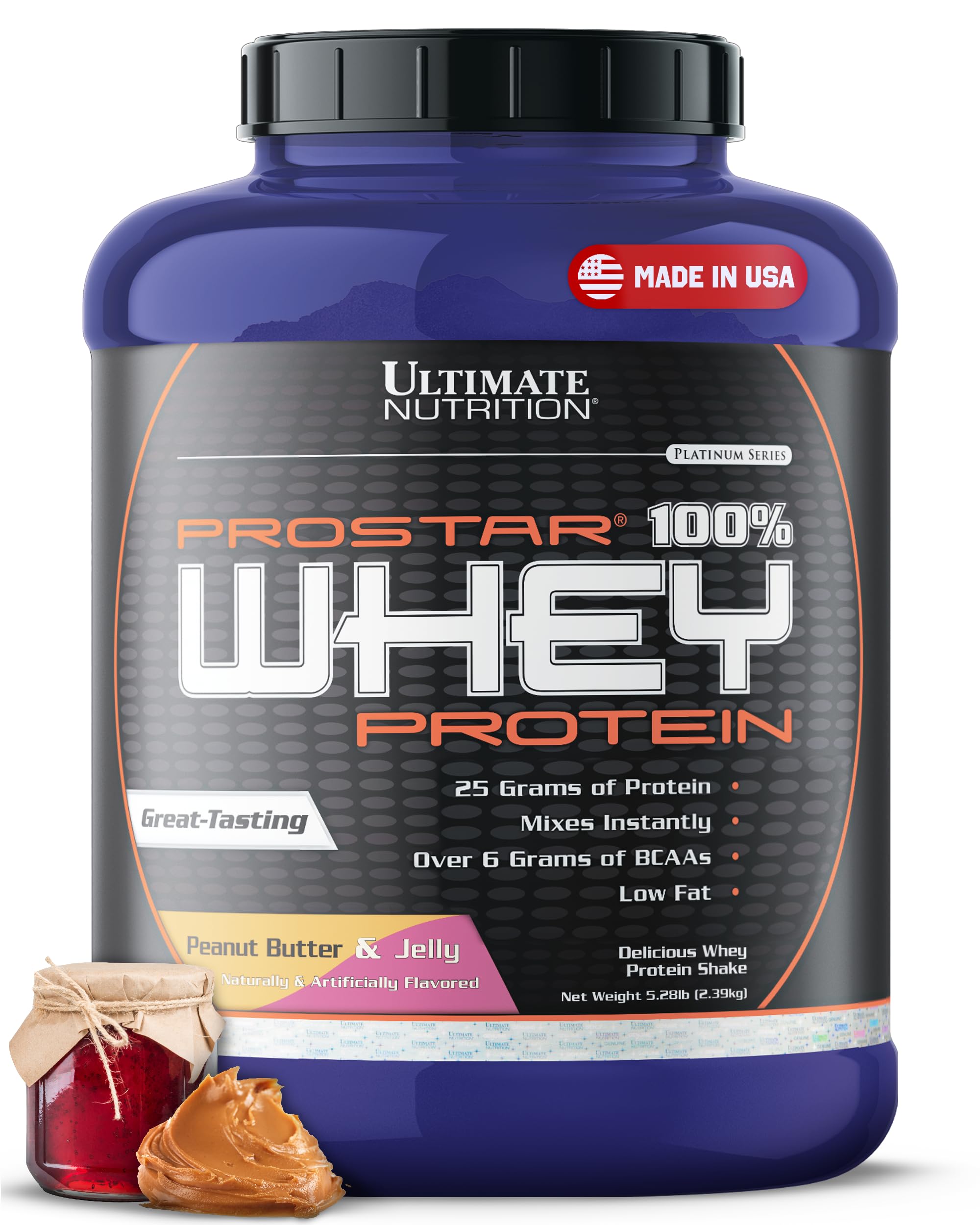 Ultimate Nutrition Prostar Whey Protein Powder Isolate, Peanut Butter & Jelly Flavor - Low Carb, High Protein Powder for Muscle Gain & Recovery - Low Sodium, Low-Fat & Keto Friendly - 5.28 lbs Tub - Perfect for Post-Workout Shakes, Meal Replacement & Healthy Snacks