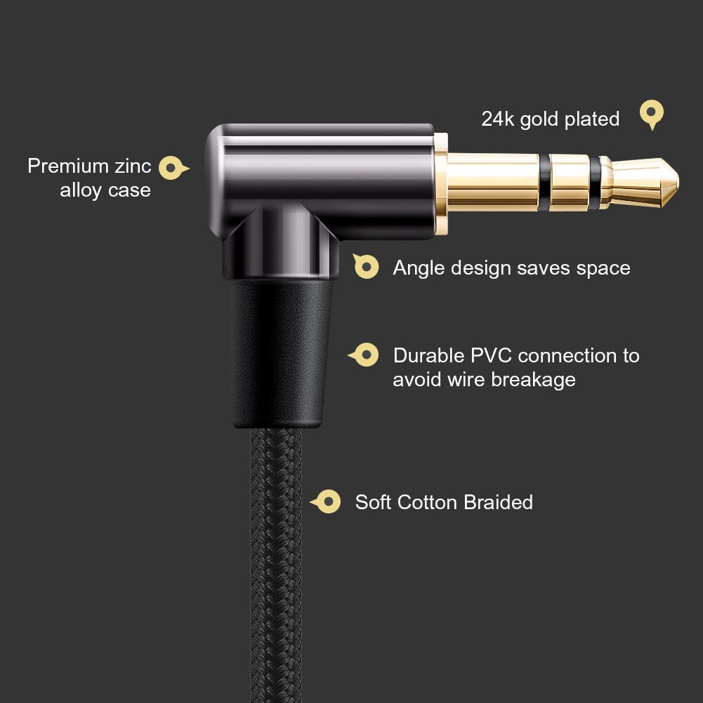 CableCreation 2-Pack 3.5mm Aux Cable 3FT/0.9m, 90 Degree Gold Plated Male to Male Stereo Audio Cable - HiFi Sound for Car, iPhone, PS4, Beats, Echo Dot - Perfect for Home, Office & Travel Use
