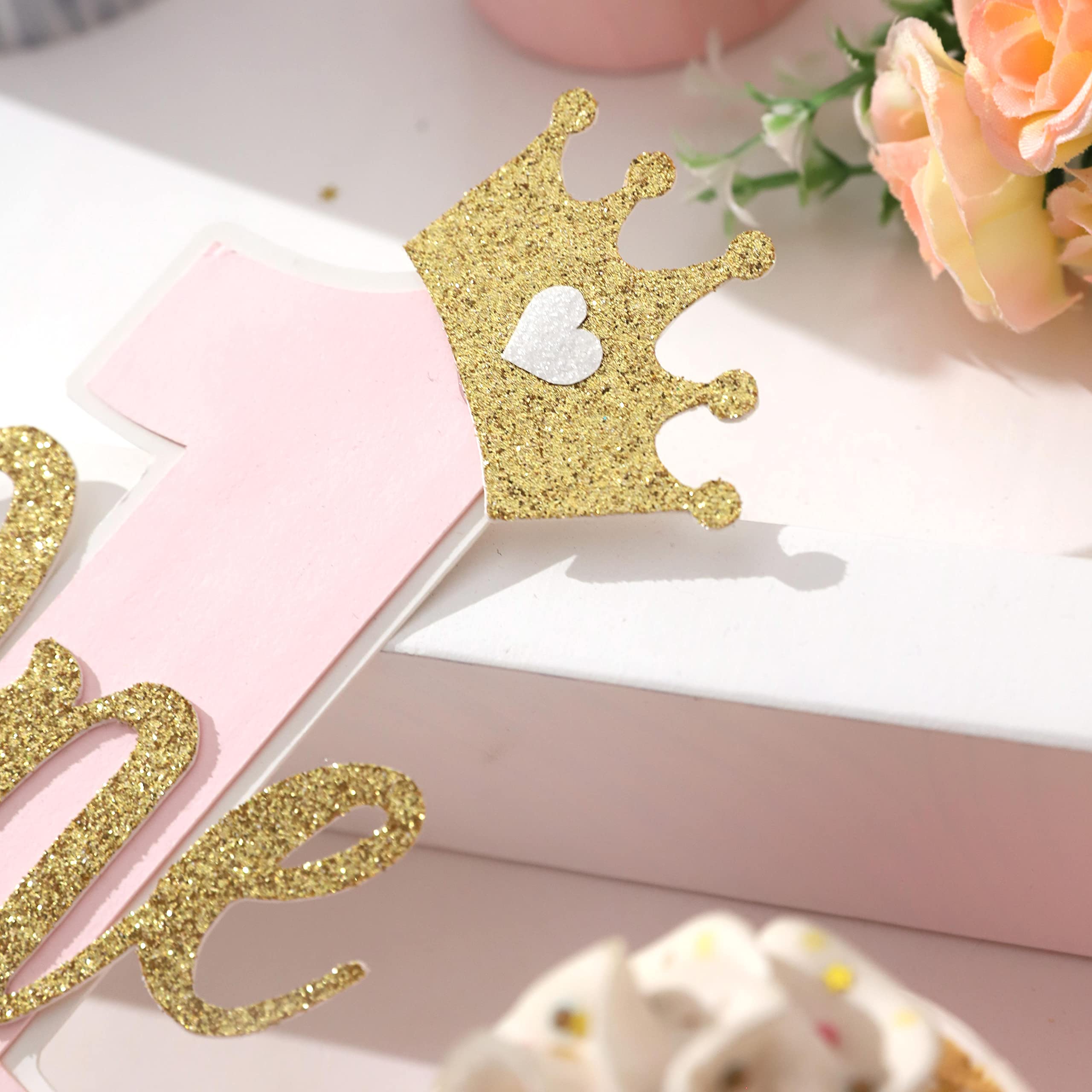 Pink and Gold 1st Birthday Cake Topper for Baby Girls - Elegant First Birthday Cake Decoration with Cake Smash Props | Perfect for 1 Year Old Birthday Parties, Baby Showers & Photo Shoots