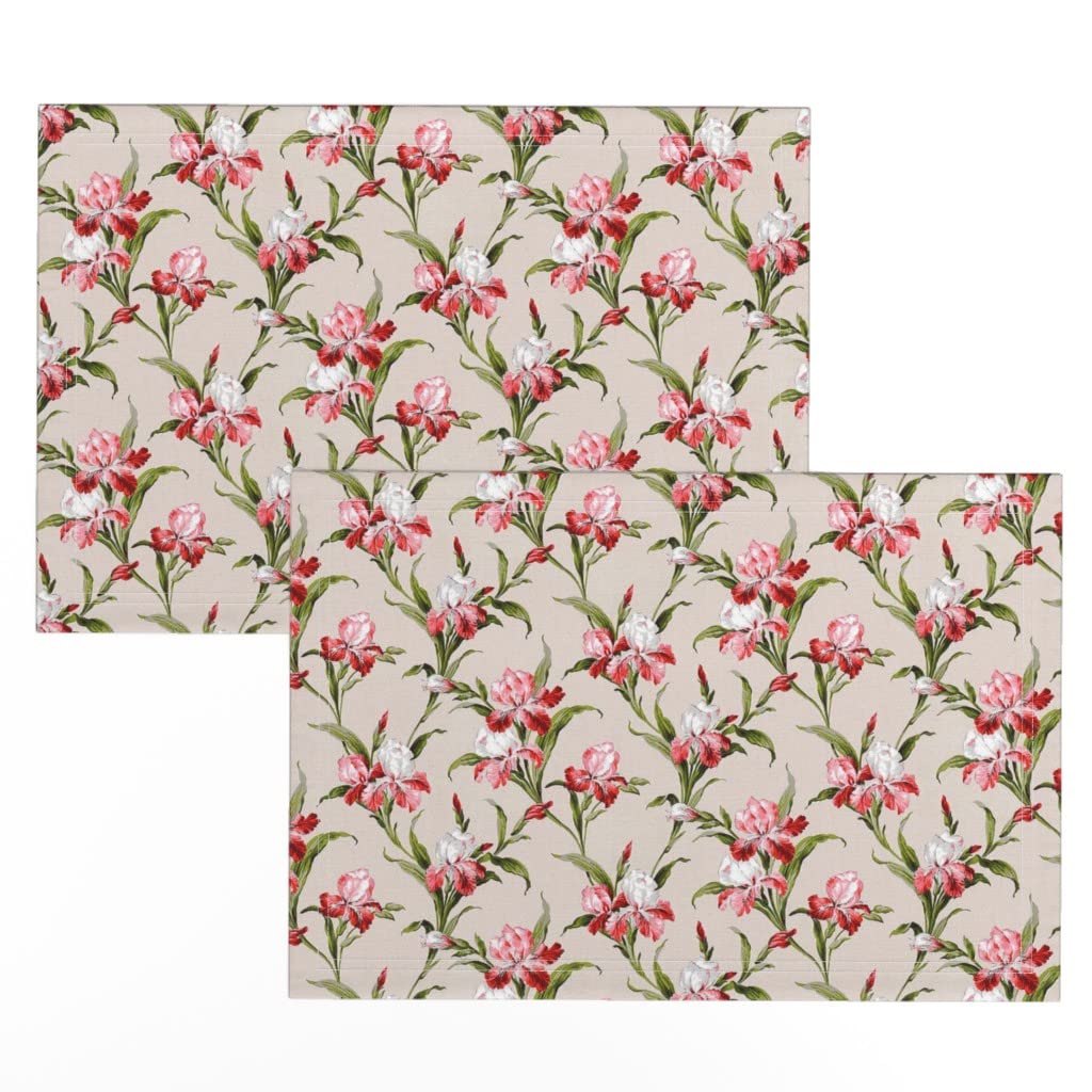 Premium Linen Cotton Canvas Placemats Set of 2 - Iris Pink Floral Art Deco Tropical Nouveau Hawaii Print Washable Table Mats for Dining, Kitchen & Home Decor