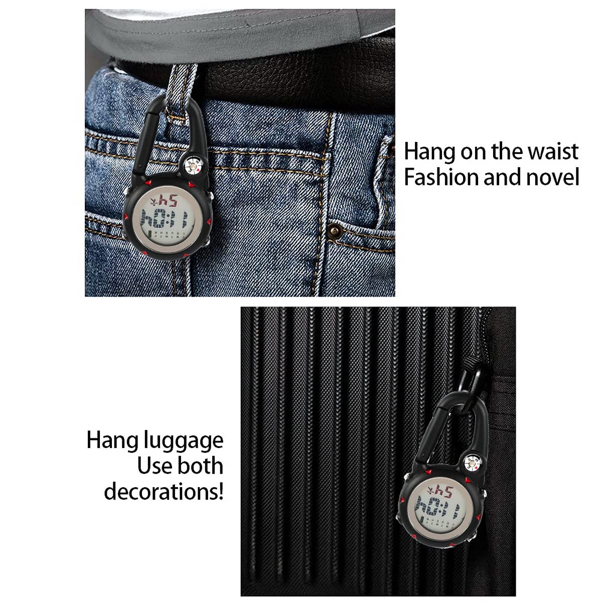 Multifunctional Clip-On Carabiner Watch with Luminous Display & Compass - Mini Quartz Outdoor Watch for Hiking, Climbing, Camping & Survival Gear