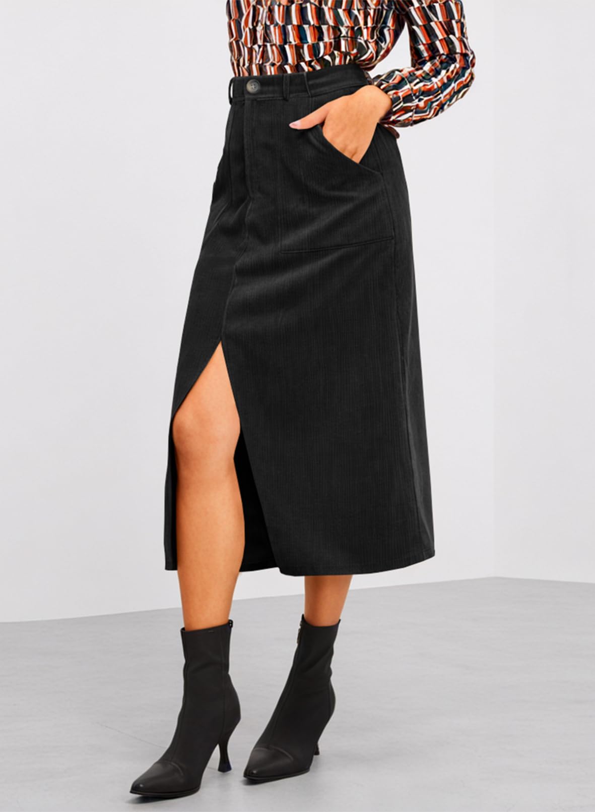 Happy Sailed Women's High Waist Split A-Line Corduroy Skirt - Casual Midi Skirt with Pockets for Work, Date & Fall Outfits