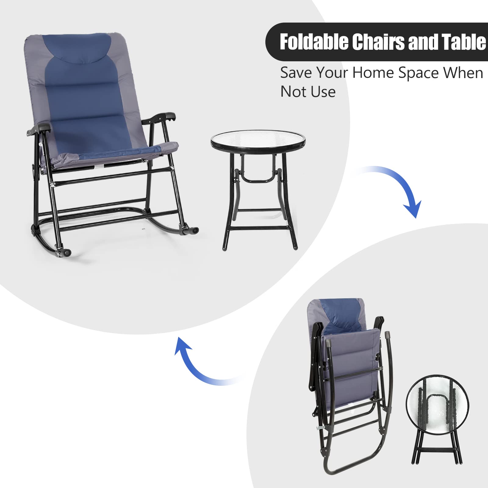 Tangkula 3-Piece Folding Bistro Set - Outdoor Rocking Chairs with Round Glass Top Table, Patio Furniture for Backyard, Garden, Poolside & Porch (Blue) | Perfect for Relaxing, Entertaining & Small Space Living