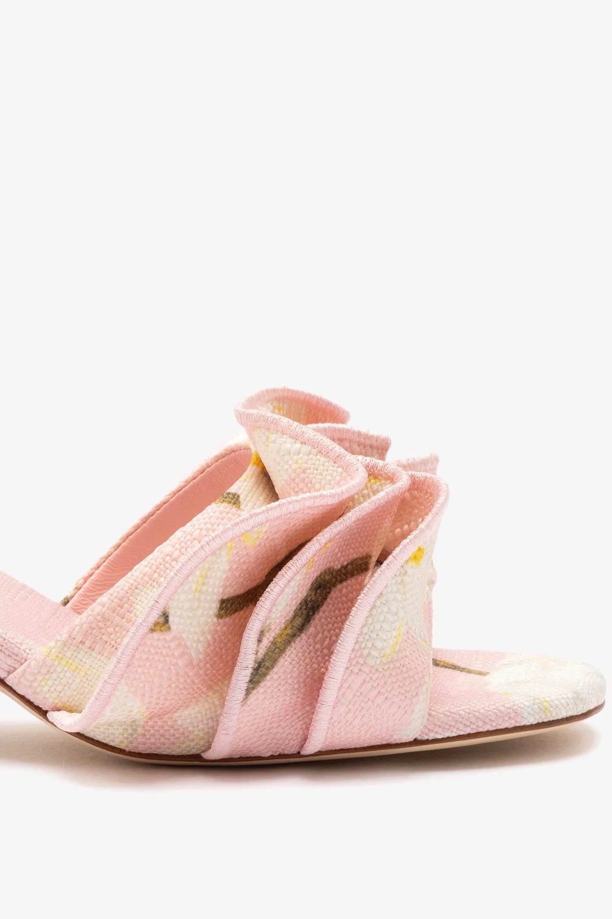 Brigitte Ruffle Mule Slippers - Tulip Printed Raffia Slides for Women | Comfortable Summer House Shoes for Beach, Poolside & Indoor Wear