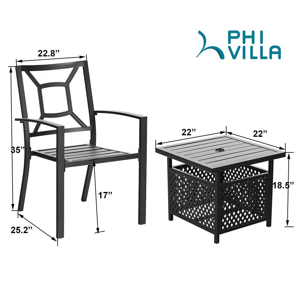 PHI VILLA 3-Piece Outdoor Patio Dining Set - Metal Bistro Chairs with Umbrella Table, 1.57