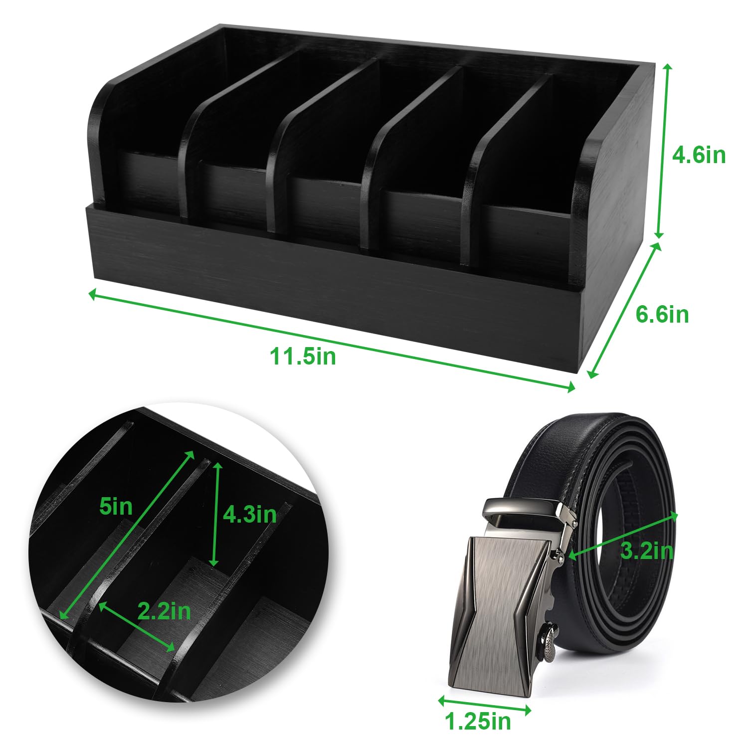 GTI Belt Organizer - 2 Pack 5-Compartment Belt & Tie Storage Organizer for Closet & Drawer - Bamboo Display Case for Men & Women (Black) - Perfect for Home, Office & Travel Organization