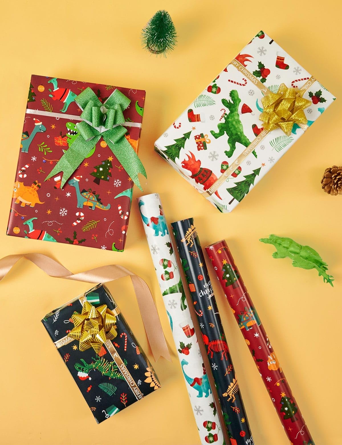 WERNNSAI Christmas Wrapping Paper for Kids - 3 Rolls Dinosaur Themed Holiday Gift Wrap (17