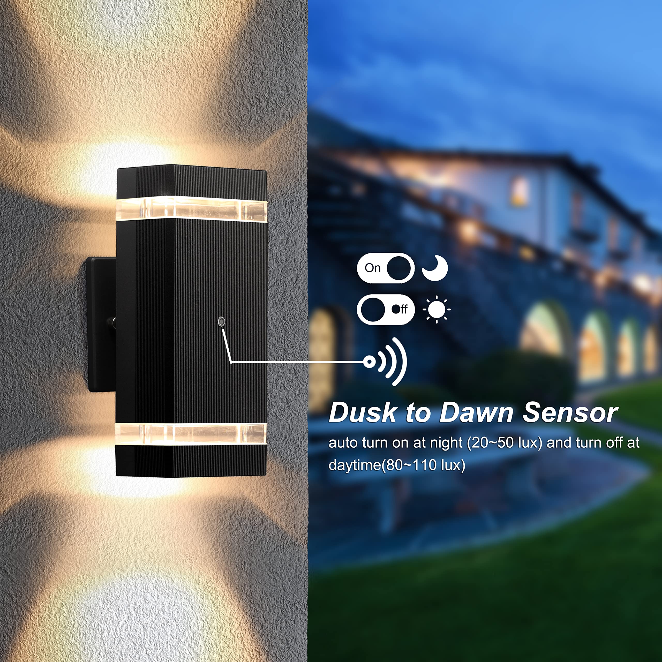4 Pack Dusk to Dawn Outdoor Wall Sconce Lights - 5W LED Bulbs, IP65 Waterproof Aluminum Up/Down Lighting for House, Garage, Porch & Doorway - Perfect for Security, Pathway & Entryway Illumination