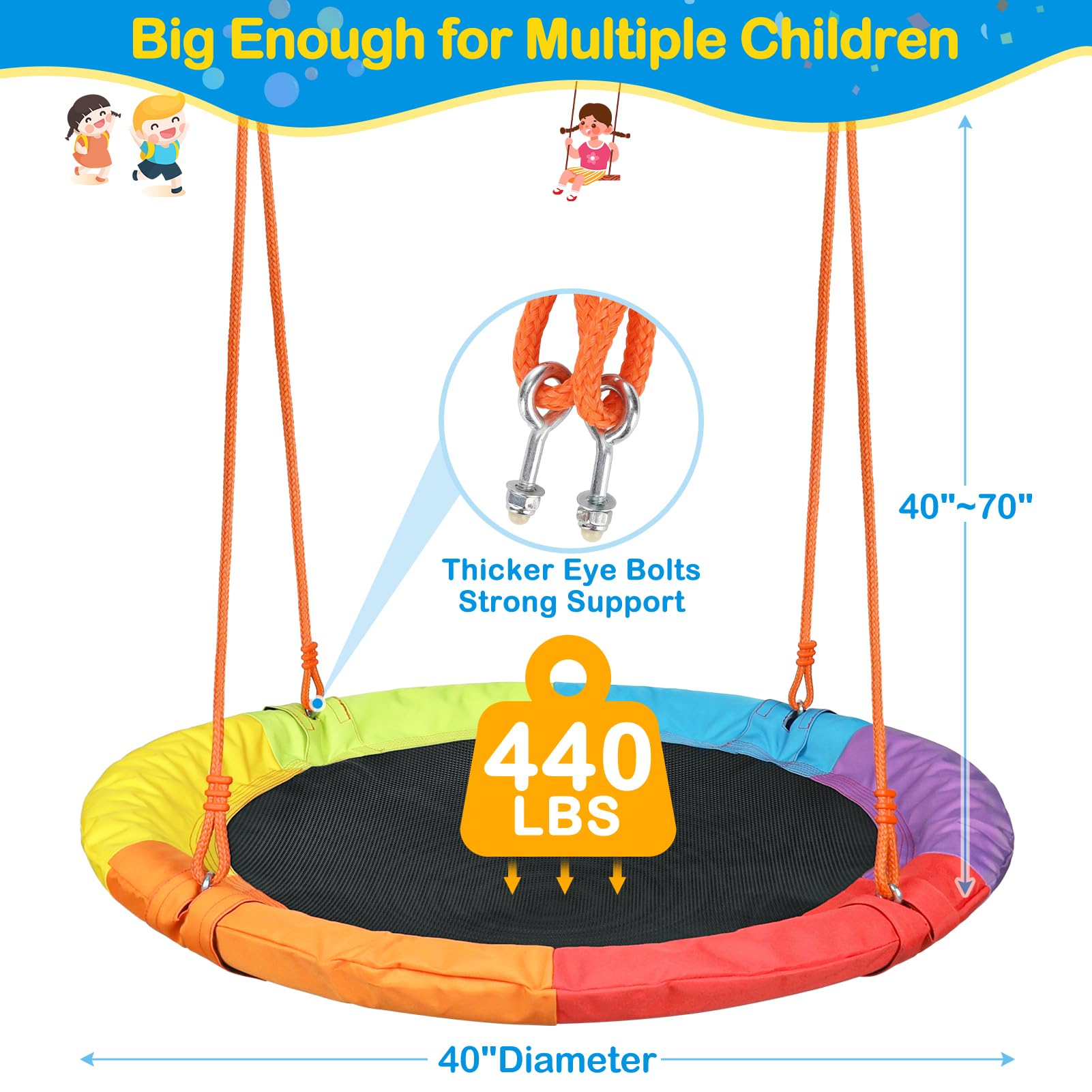 GIKPAL 440lbs Heavy-Duty Saucer Swing Set with Metal Frame & Adjustable Ropes - Outdoor Kids Swing for Backyard, Playground, Park - Waterproof Rainbow Round Swing for Toddlers & Children (Perfect for Outdoor Play, Family Fun & Backyard Activities)