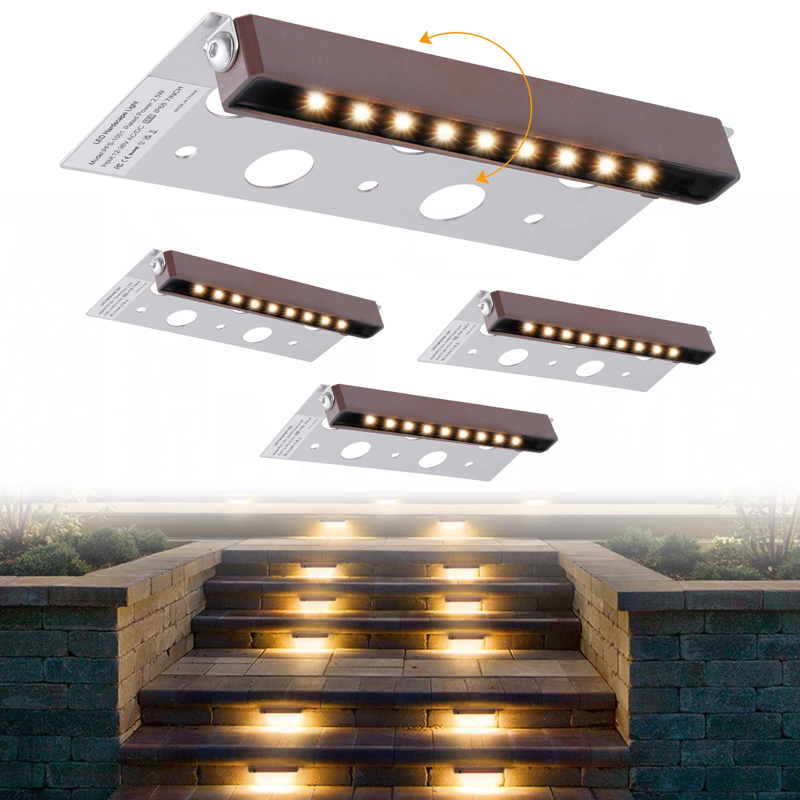 7 Inch LED Hardscape Lighting, 4 Pack Outdoor Step Lights - 2.5W Low Voltage Retaining Wall Lights with 2700K Warm White & Frosted Lens - IP68 Waterproof Deck Lights for Stairs, Pathways, Gardens - 40,000 Hours Lifespan