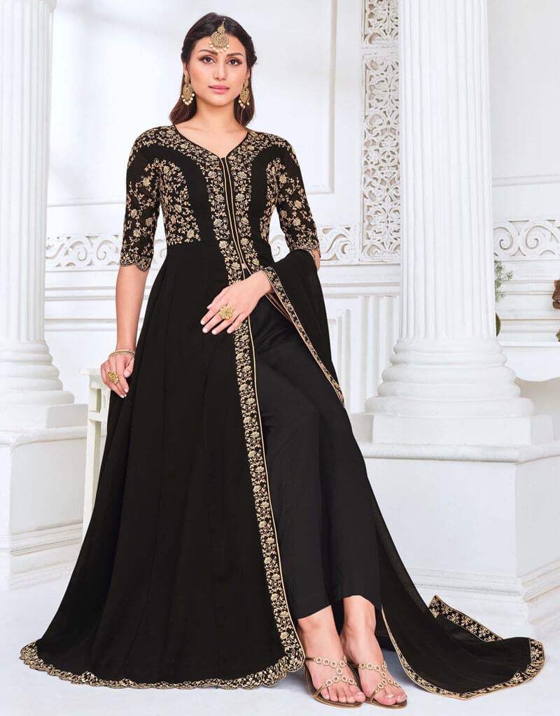 Black Myanmar Georgette Pant Anarkali - Elegant Long Dress for Women | Perfect for Weddings, Parties & Festive Occasions