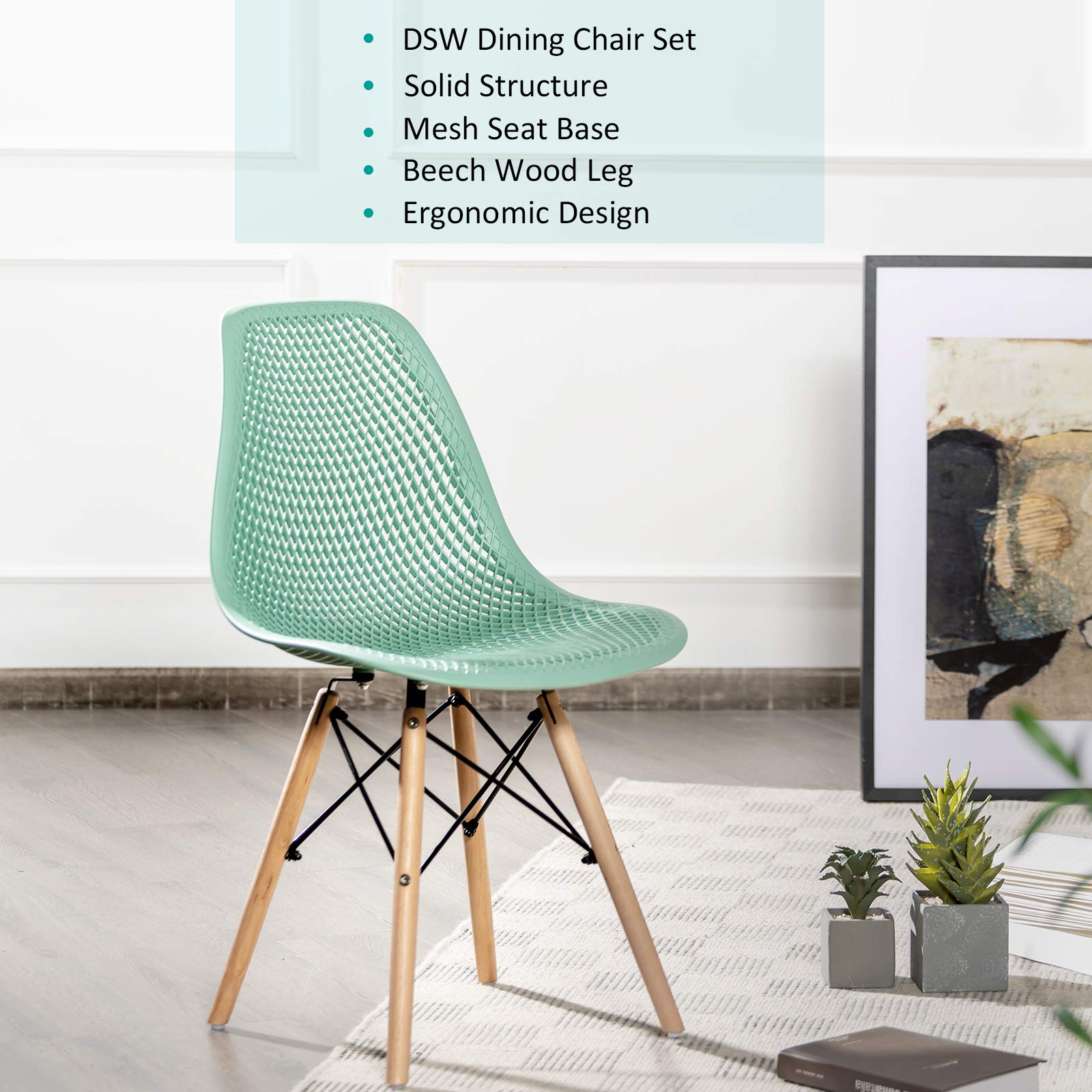 Giantex Set of 4 Modern Dining Chairs - Indoor/Outdoor Shell PP Lounge Side Chairs with Mesh Design & Beech Wood Legs - Tulip Leisure Chairs for Kitchen, Dining Room, Patio, Garden - Green