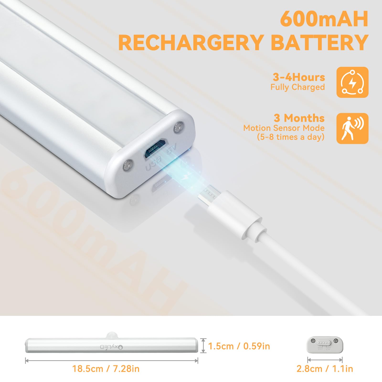 OxyLED Motion Sensor LED Closet Lights - 3 Pack USB Rechargeable Under Cabinet Lighting with Magnetic Strip, 6000K Daylight White for Wardrobe, Kitchen, Stairs & Dark Spaces | Indoor Smart Lighting Solution
