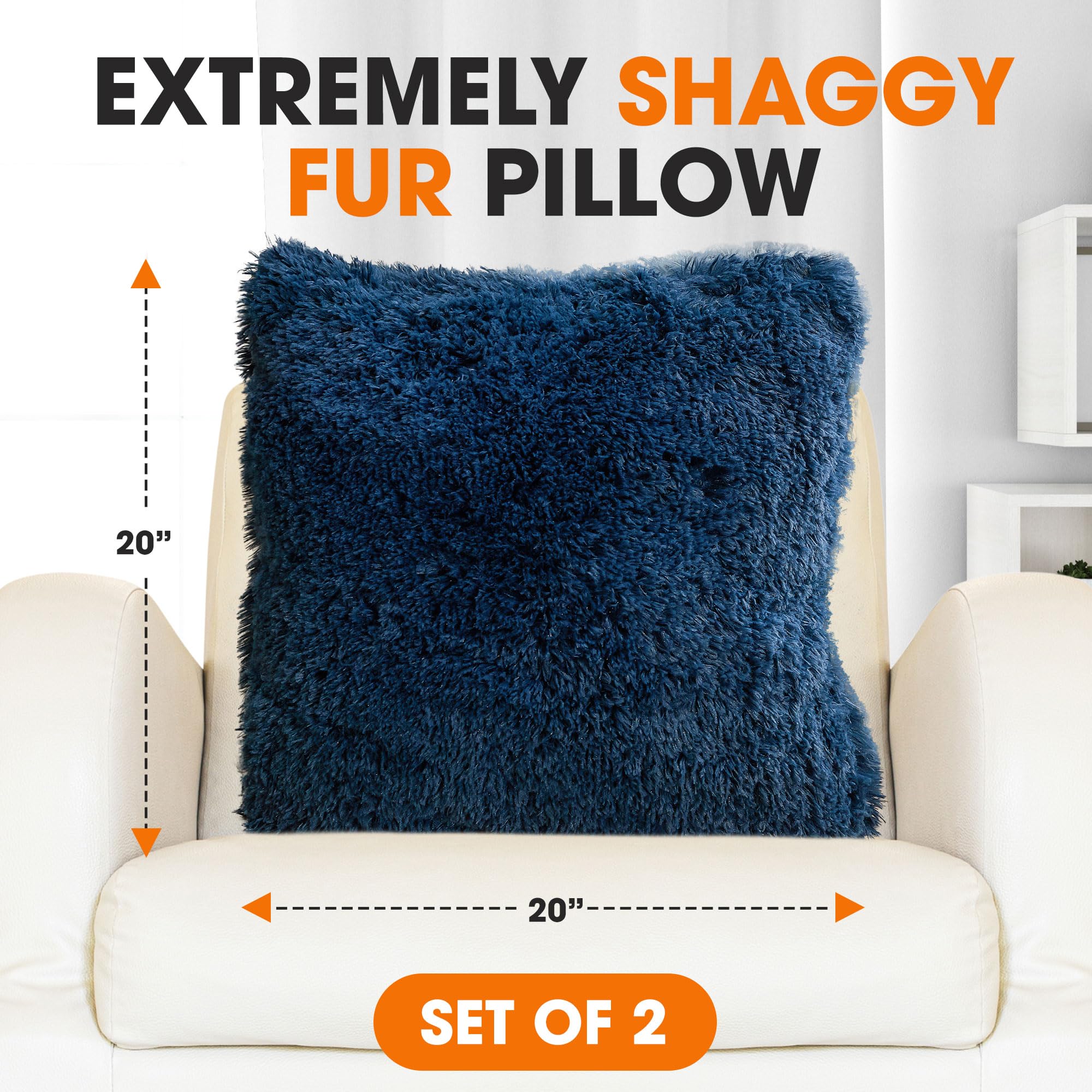 Soft Shaggy Throw Pillows for Couch & Bed - 18x18 Inch Cozy Long Hair Faux Fur Pillows with Inserts Included (Set of 2, Navy Blue) - Perfect for Living Room Decor, Bedroom Accent & Home Styling