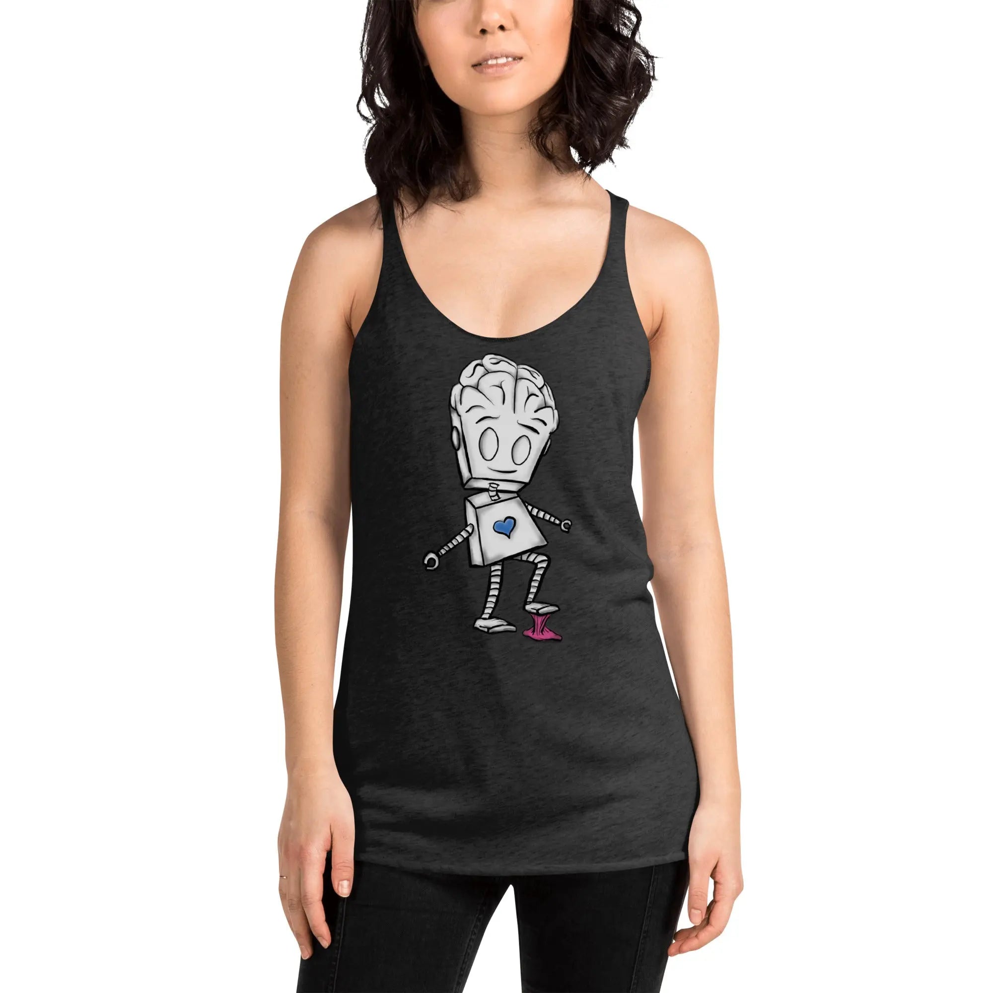 Adorable Robot Racerback Tank Top for Women - Balance of Heart & Mind Design | Cute Graphic Tee for Casual Wear, Gym, Summer Outfits & Cosplay