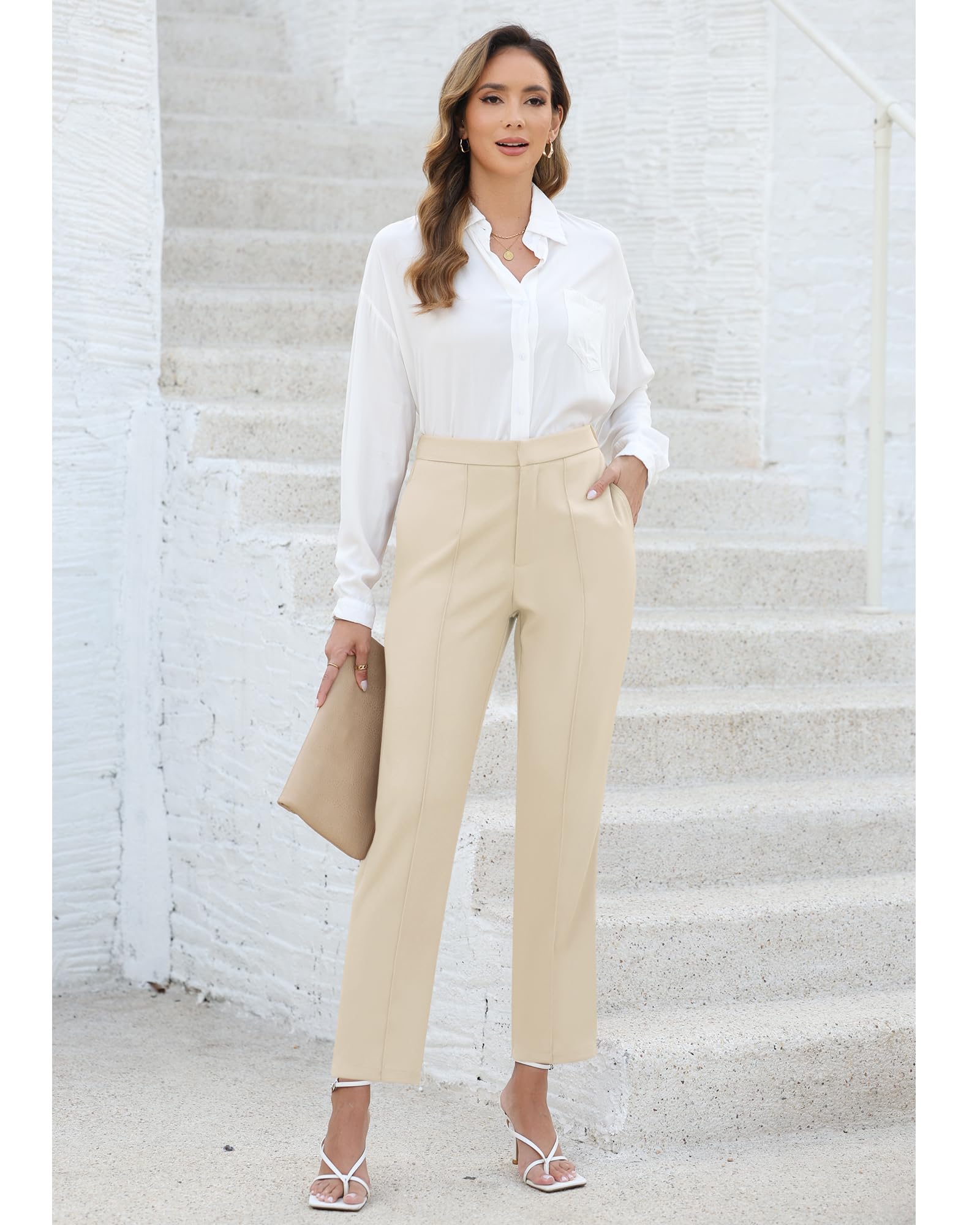 GRAPENT Women's High Waisted Dress Pants - Work Office Pants, Professional & Casual Straight Leg Trousers with Elastic Waist, Cropped Ankle Slacks for Business, Office & Everyday Wear