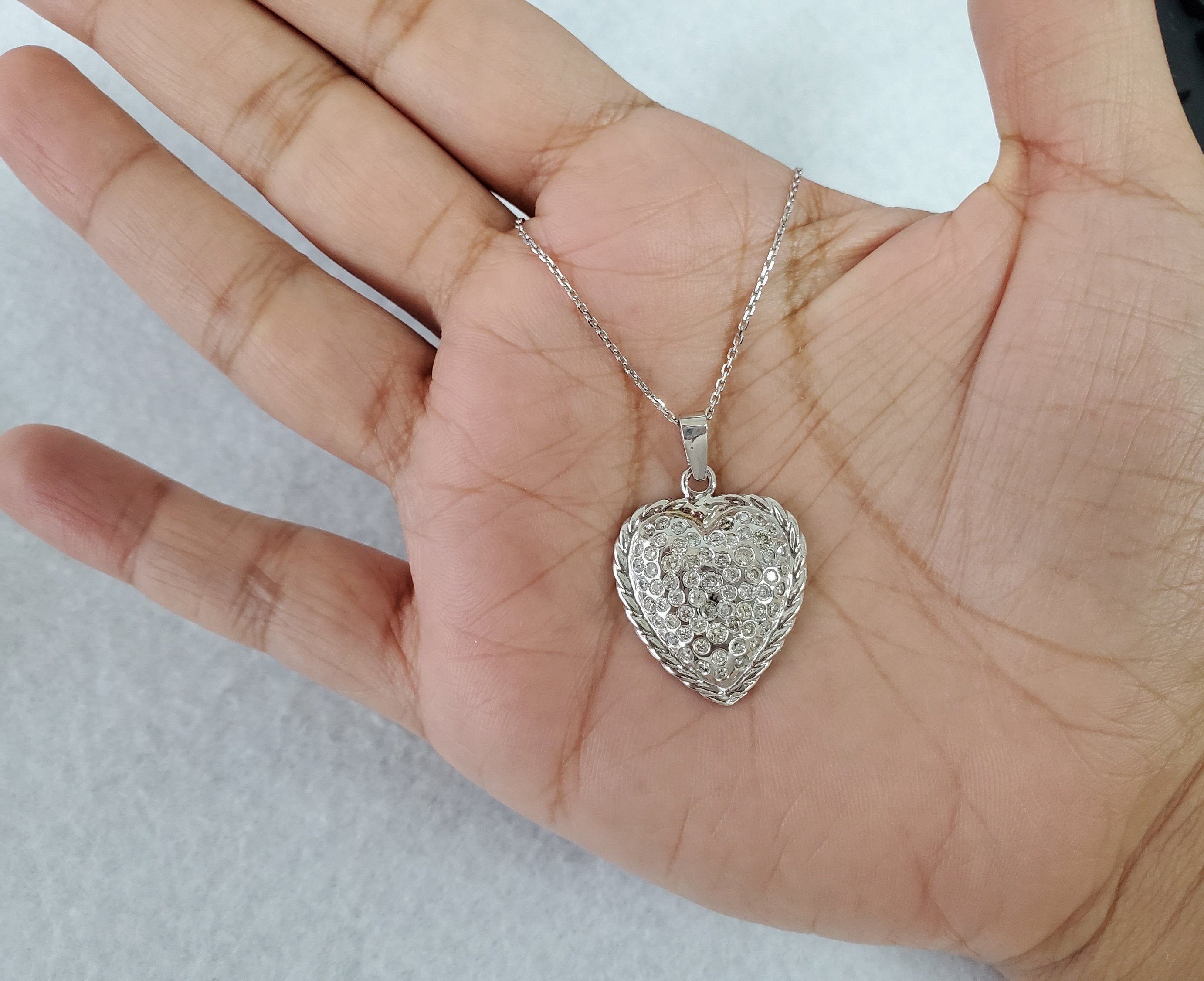 1.30cttw Diamond Heart Pendant with Rope Trim in 14k White Gold - Elegant Jewelry Gift for Women, Perfect for Anniversaries & Valentine's Day