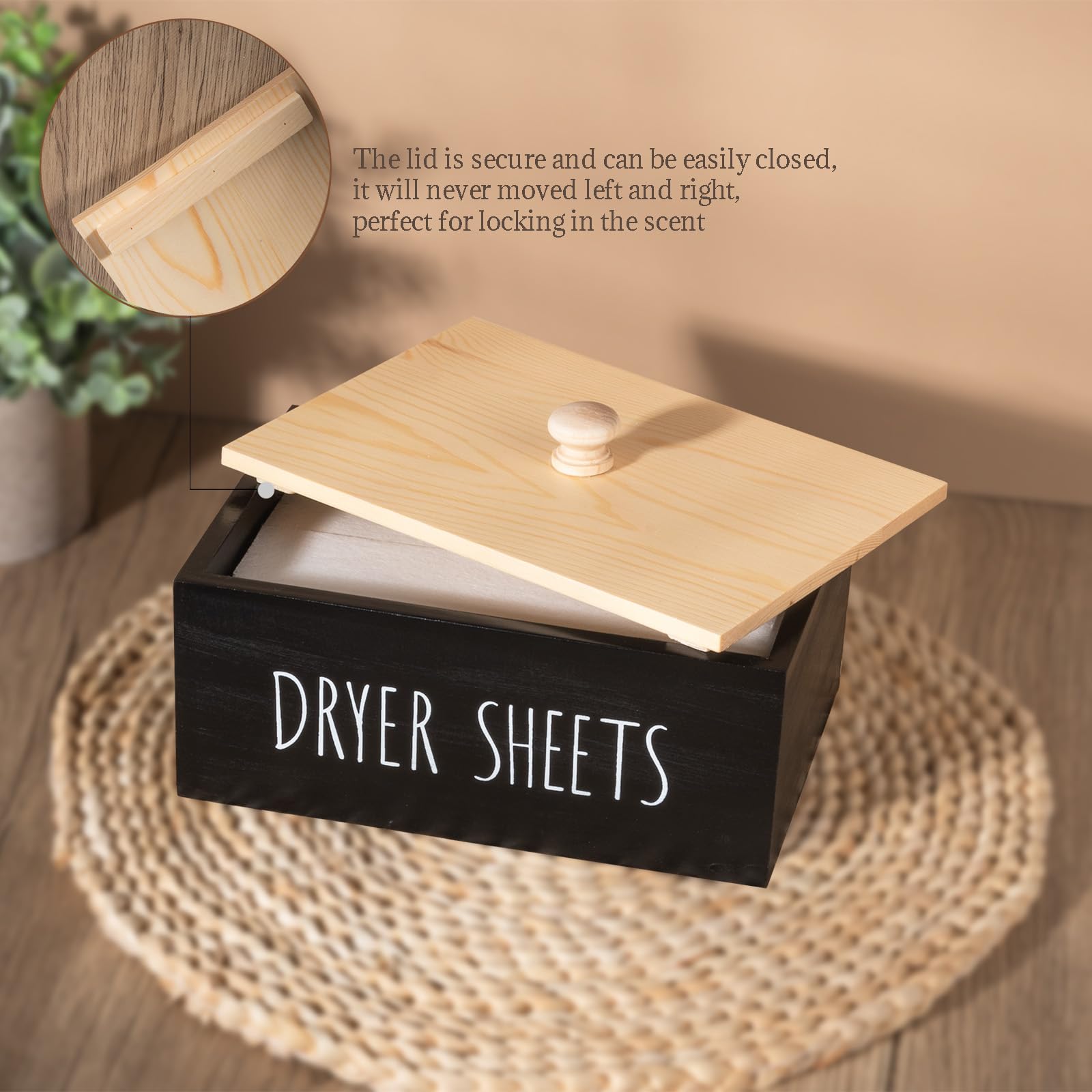 Zoocatia Wooden Laundry Room Organizer - Detergent Dispenser & Dryer Sheet Holder with Lid for Dryer Balls, Pods, and Supplies | Black Storage Box for Closet, Laundry Area, and Home Organization