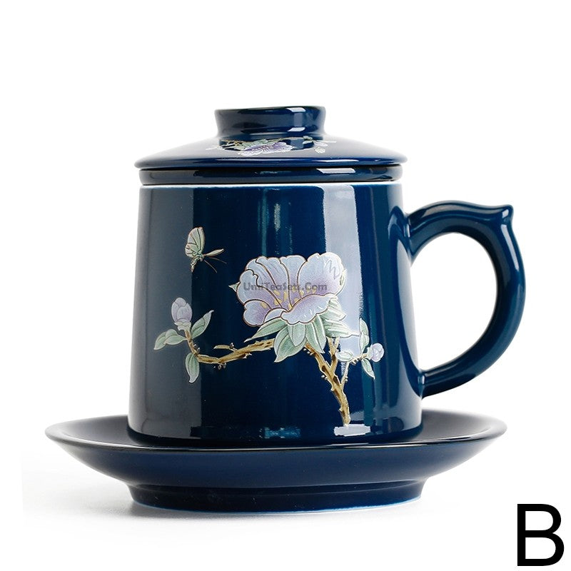 Premium Chinese Blue Floral Ceramic Tea Cup with Removable Infuser - Perfect for Office, Home, or Gift Giving