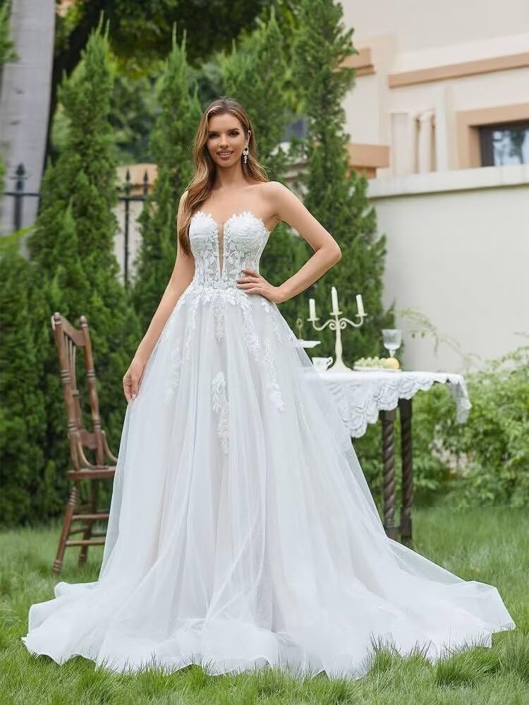 Strapless Tulle Applique Ball Gown Wedding Dress for Bride - Elegant Long Formal Bridal Gown for Women | Perfect for Church Ceremony, Beach Wedding & Reception