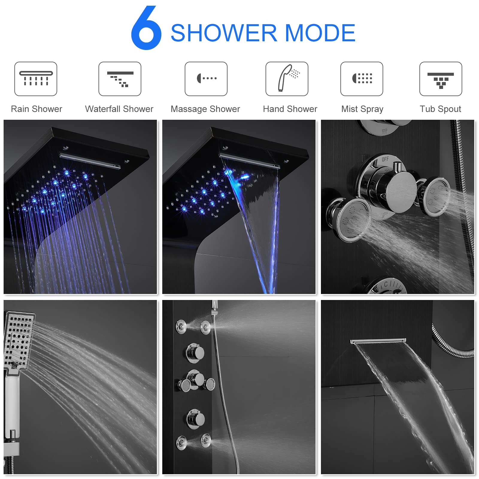 Black Stainless Steel LED Light Shower Panel System with Rainfall Shower Head, Massage Jets & Handheld Spray - Perfect for Modern Bathroom Renovation & Spa-Like Shower Experience
