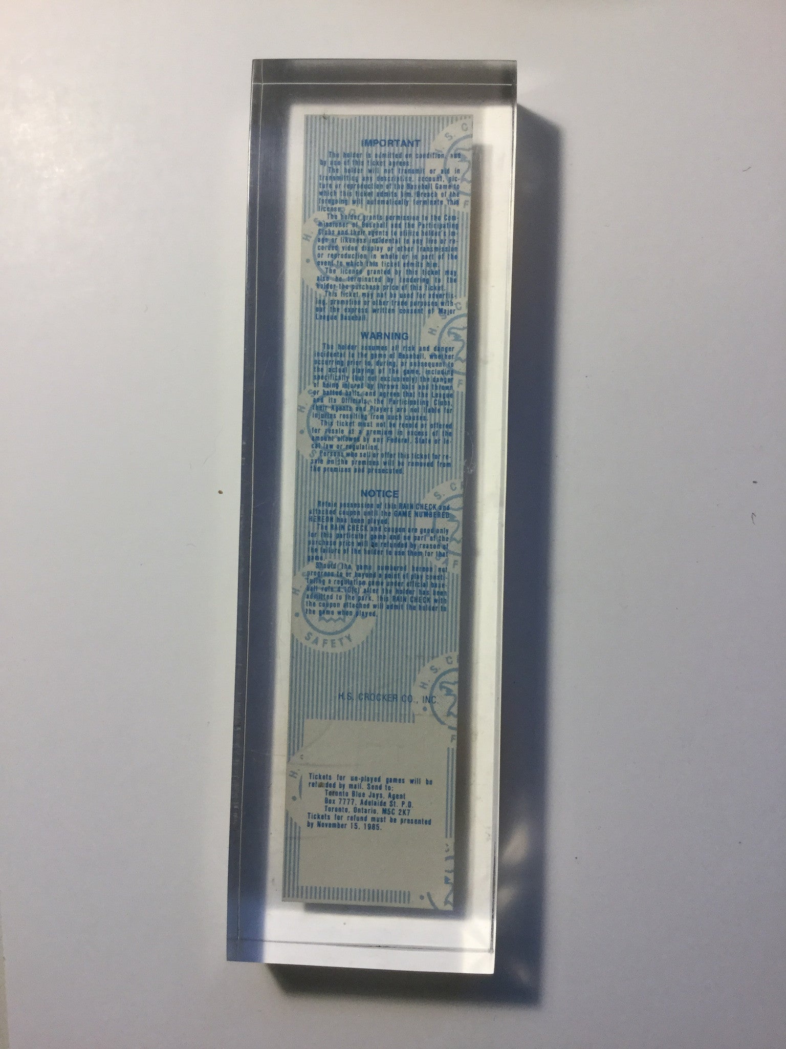 1985 Blue Jays Baseball Game 7 Ticket Encased in Lucite - Perfect for Sports Memorabilia Collectors & Toronto Blue Jays Fans