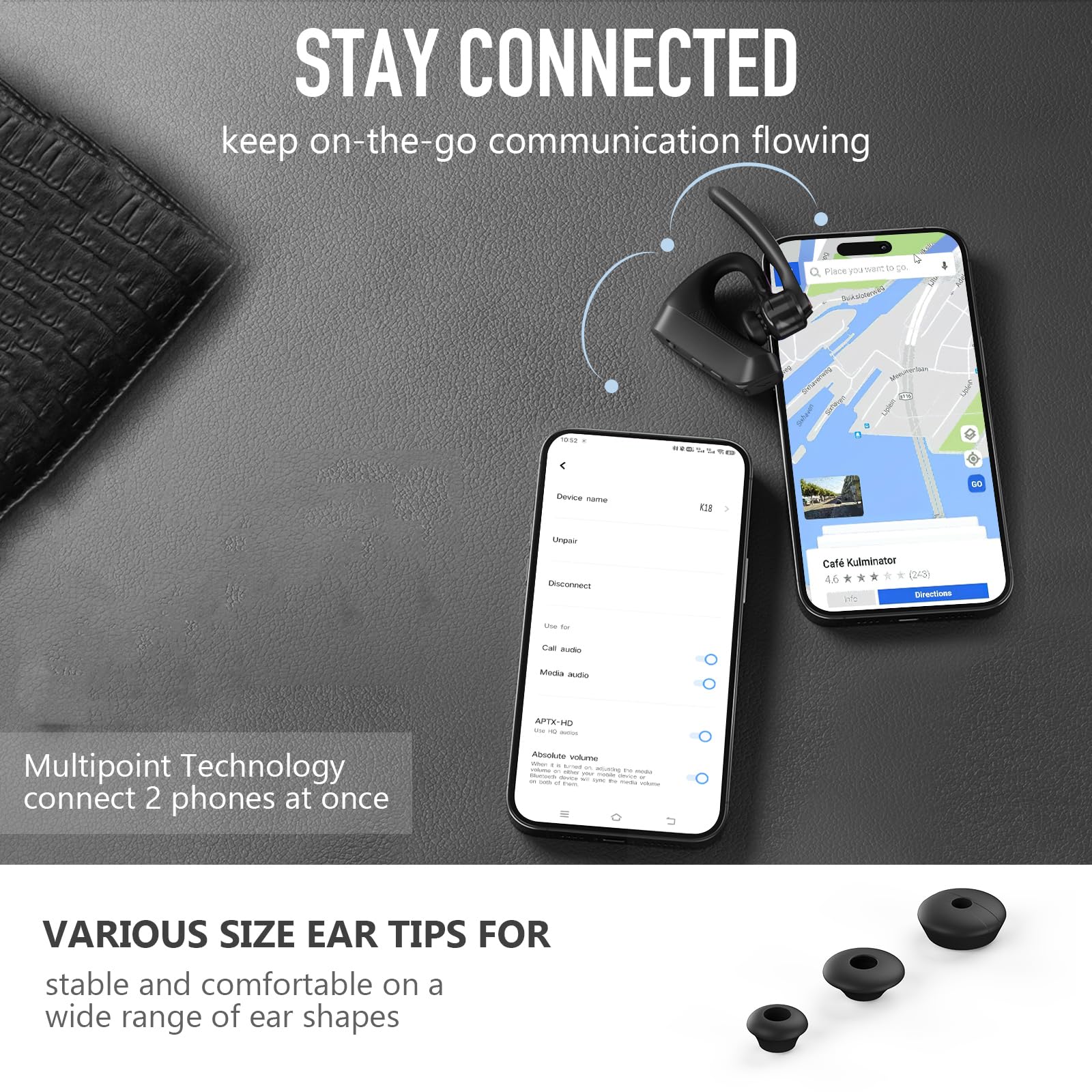 Conambo K18 Bluetooth Headset V5.1 Wireless Earpiece with Dual Mic & CVC8.0 Noise Cancellation - Hands-Free for Truckers, Office Calls, Cell Phones | Perfect for Long Work Shifts, Driving, and Business Meetings