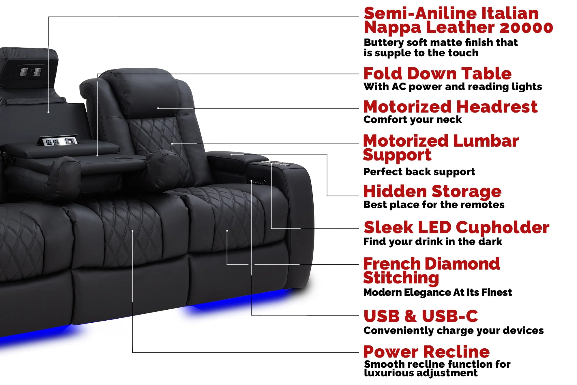 Valencia Tuscany Luxury 3-Seater Console Leather Home Theater Seating with Drop-Down Center Table - Graphite | Perfect for Movie Nights & Entertainment Rooms