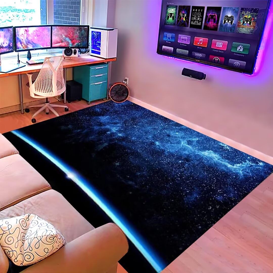 Large Blue Starry Sky Area Rug for Boys Bedroom - 6'×9' Washable Non-Slip Flannel Throw Rug - Universe Galaxy Themed Floor Mat for Playroom & Kids Room Decor - Perfect for Bedside, Nursery, and Play Areas