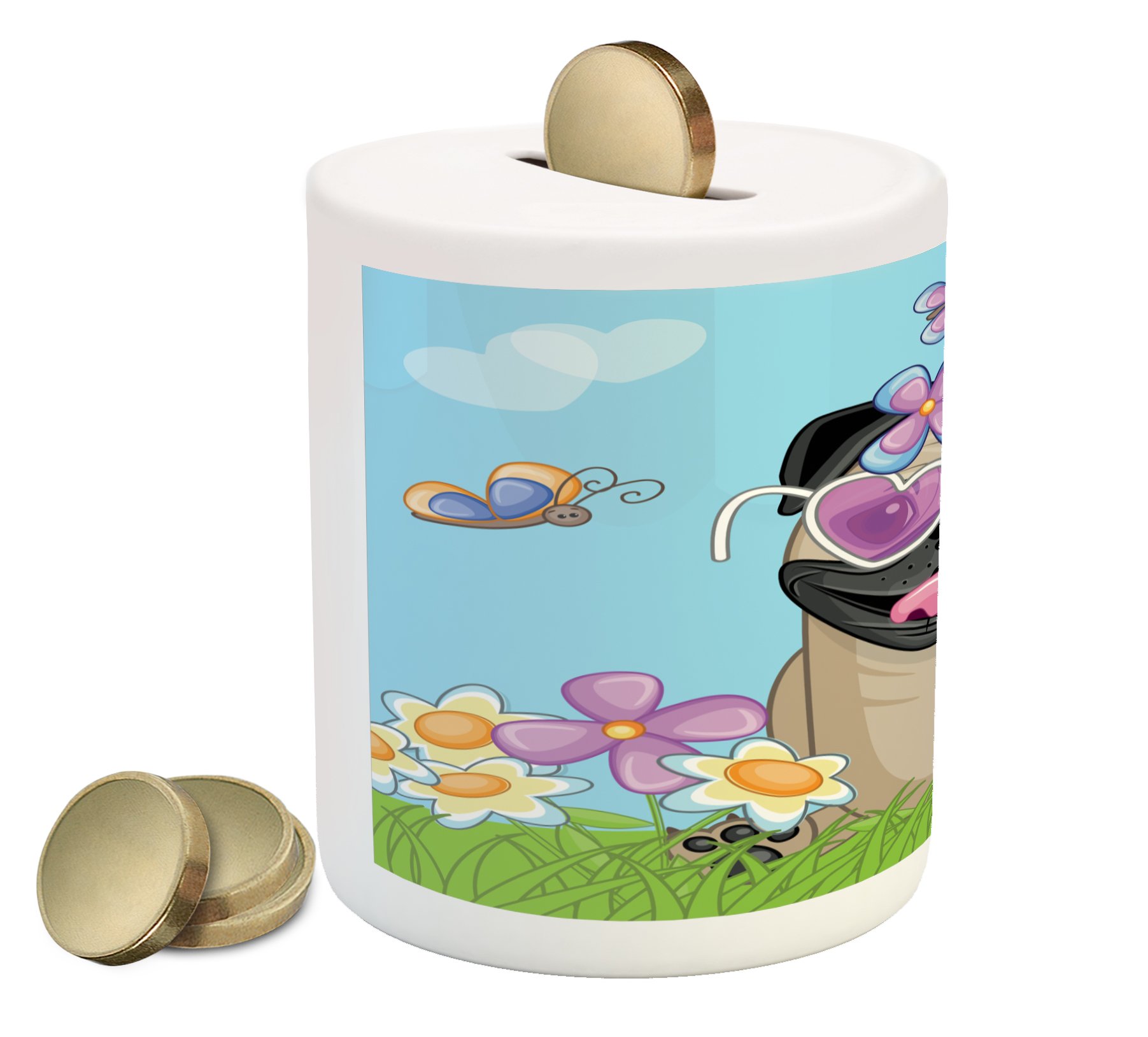 Ambesonne Ceramic Pug Piggy Bank with Puppy, Flowers, Butterflies & Heart Clouds Design - Money Saving Coin Bank for Kids & Adults - Perfect for Birthday Gifts, Home Decor & Cash Storage (Sky Blue Multicolor)