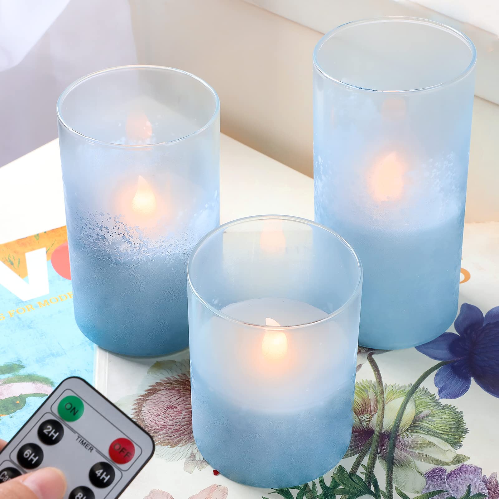 Blue Glass Flameless LED Candles with Sandblast Design - Battery Operated with Remote & Timer - Perfect for Coastal, Birthday, Home, Bathroom, Nautical & Beach Decor - Romantic Ambiance for Weddings, Dinners & Relaxing Baths