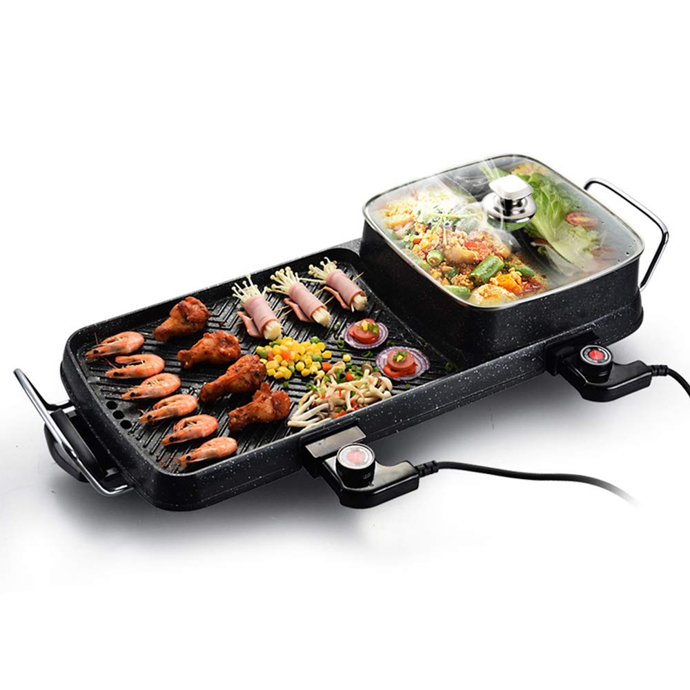 GZSZ Electric Smokeless BBQ Grill & Hot Pot Combo, Non-Stick 2-in-1 Grill Pan for Indoor/Outdoor Cooking - Perfect for Family Gatherings, Parties (2-8 People) - Ideal for Home, Camping, and Backyard Barbecues