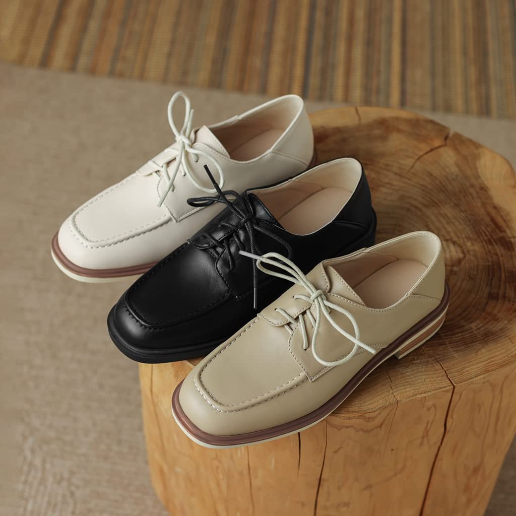 Women's Classic Lace-Up Loafers - Square Toe Leather Oxford Shoes for Work & Office | Comfortable Low Heel Dress Flats | Perfect for Business Casual, Commuting & Professional Outfits