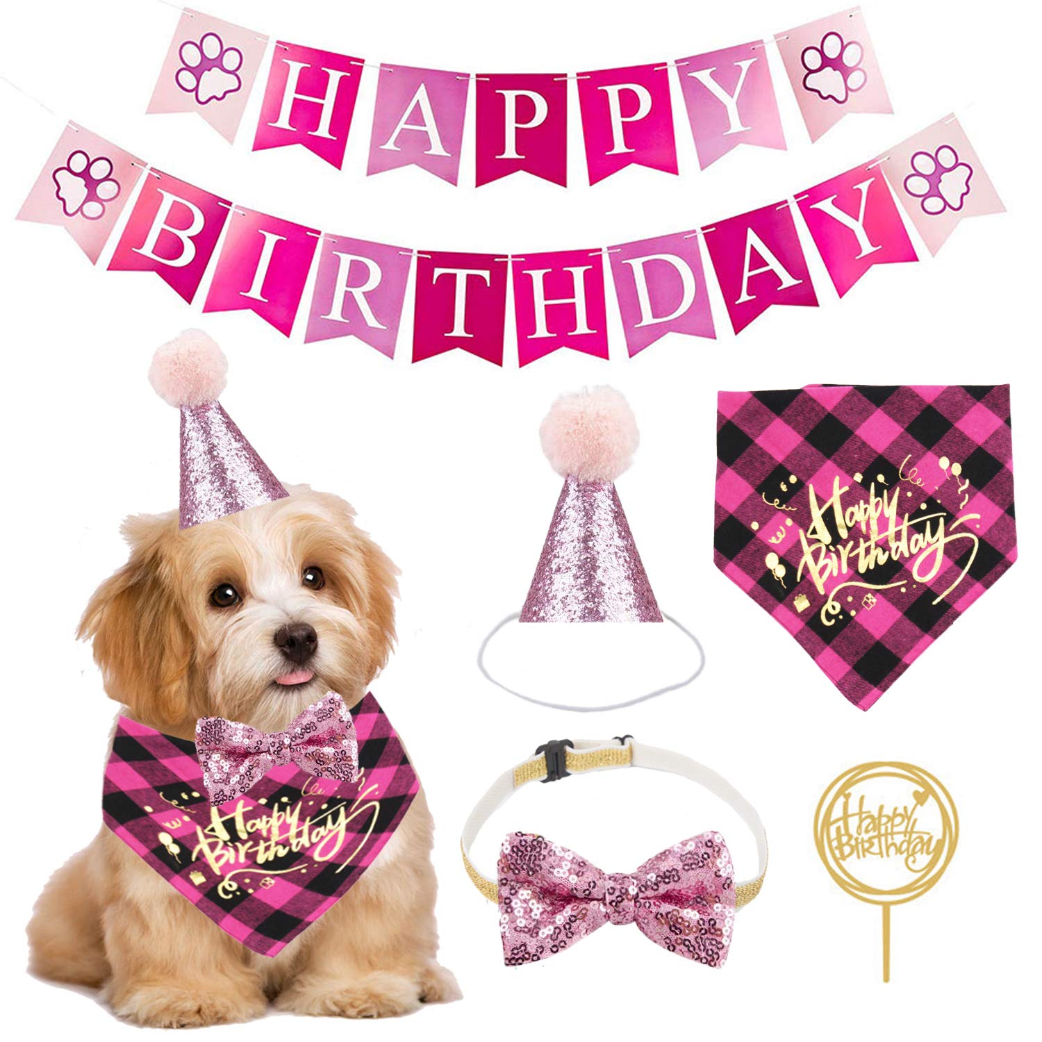 ADOGGYGO Dog Birthday Bandana for Puppies & Cats - Pet Birthday Party Supplies with Matching Hat & Scarf - Happy Birthday Banner & Outfit for Boy/Girl Dogs | Perfect for 1st Birthday Celebrations, Pet Parties & Photo Shoots