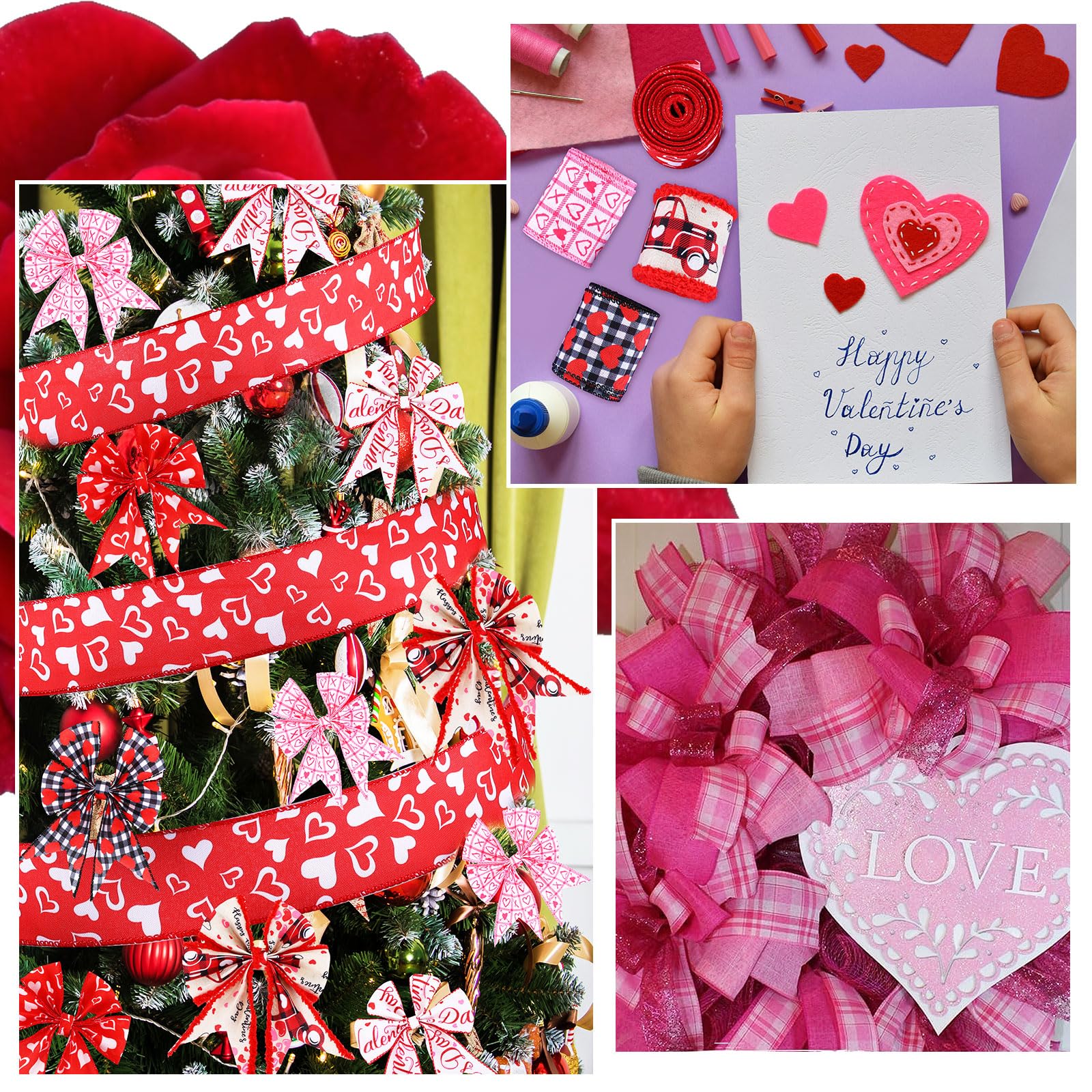 10 Rolls Valentine's Day Ribbon Set - 5 Poly Mesh & 5 Wired Edge Ribbons in Red & Pink Heart Patterns for DIY Wedding Wrapping, Bow Making, Wreath Crafts - Perfect for Valentine's Decor, Gift Wrapping & Party Supplies
