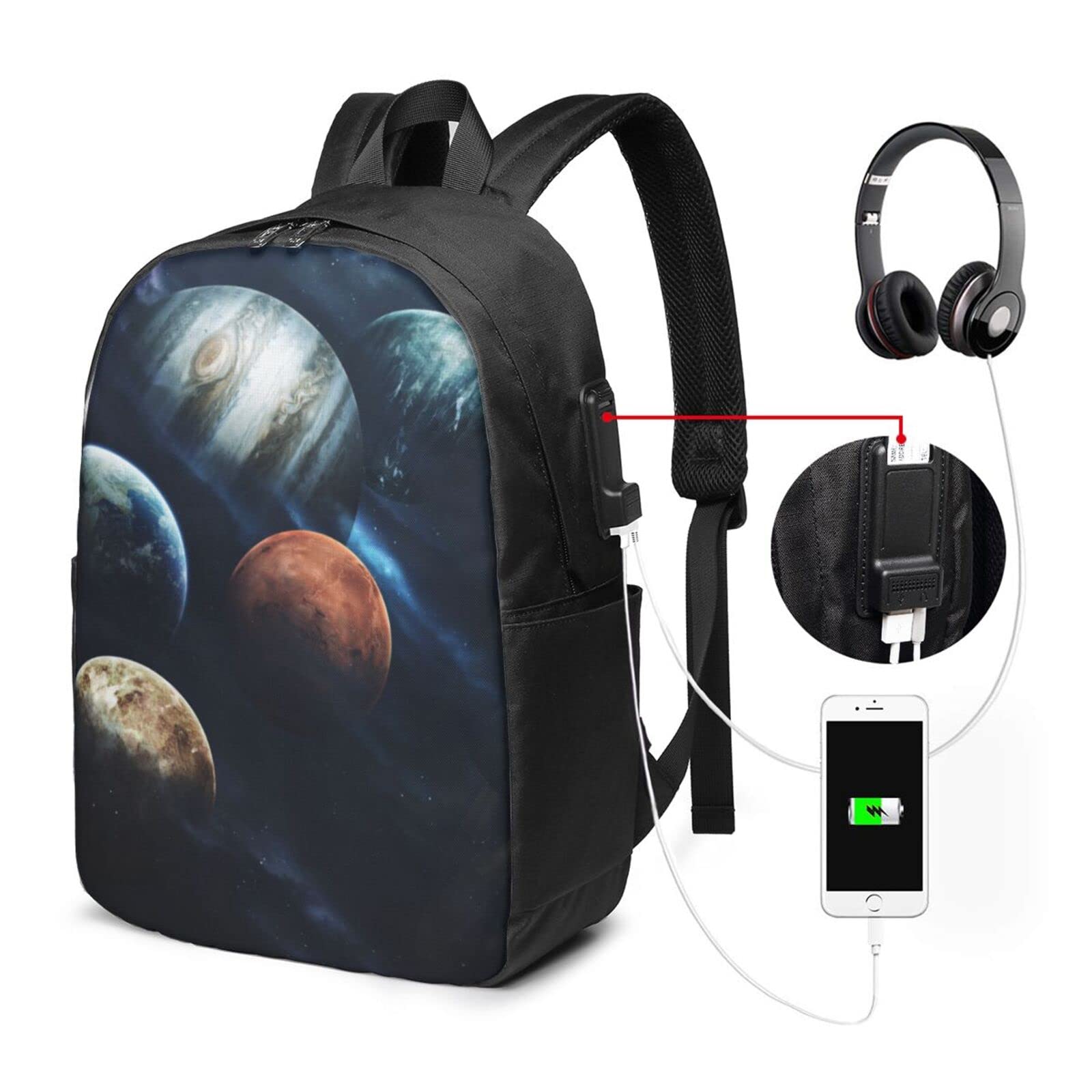 15.6 Inch Solar System Planets Laptop Backpack with USB Charging Port - Waterproof Travel Computer Bag for Work, College & School - Perfect Gift for Men & Women (Black) - Ideal for Commuting, Business Trips & Campus Life