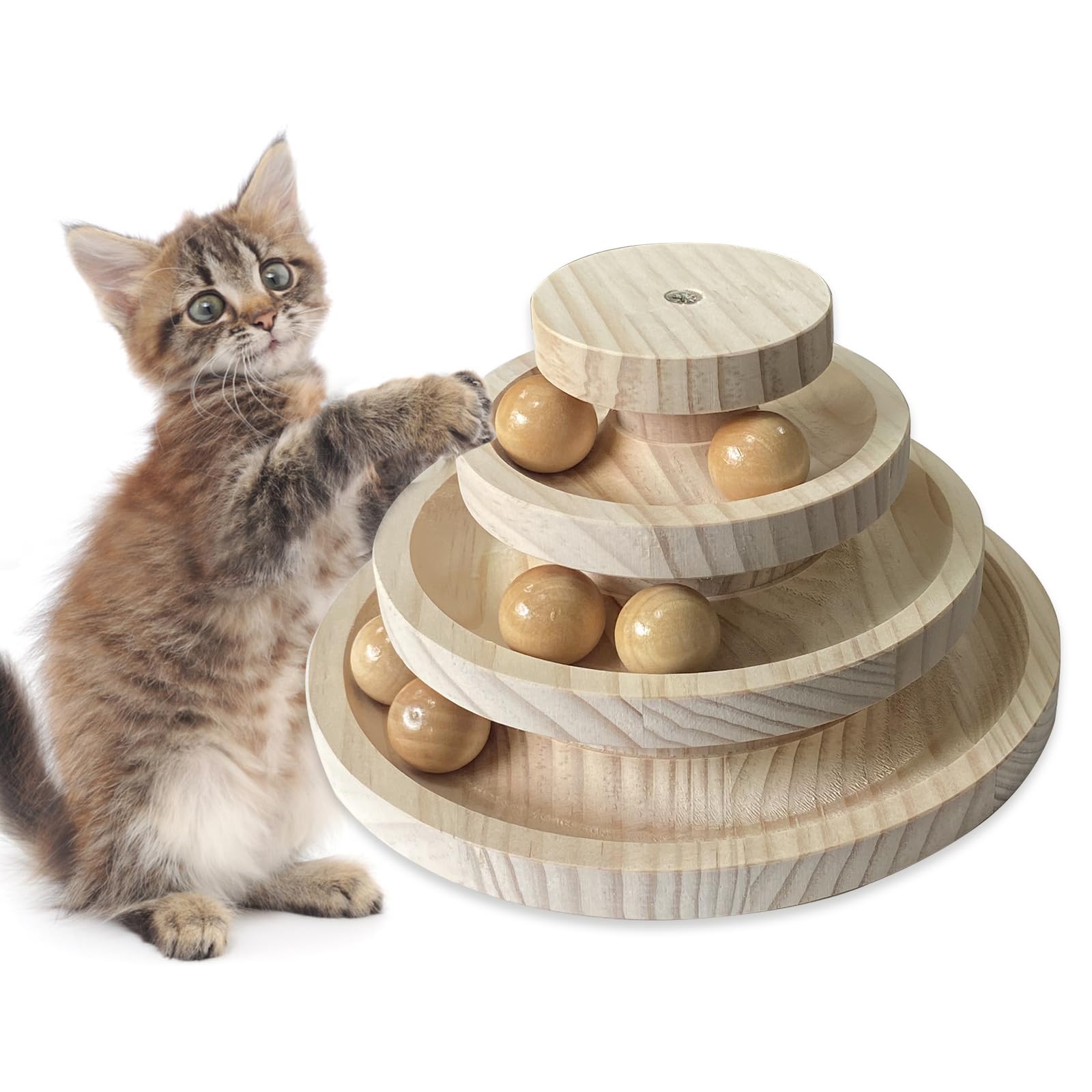 Interactive Cat Ball Track Toy - 3-Layer Wooden Maze with 6 Smooth Balls for Indoor Cats | Fun Exercise & Mental Stimulation Toy | No Assembly Required (Pine Wood) | Perfect for Playtime, Boredom Relief & Keeping Cats Active