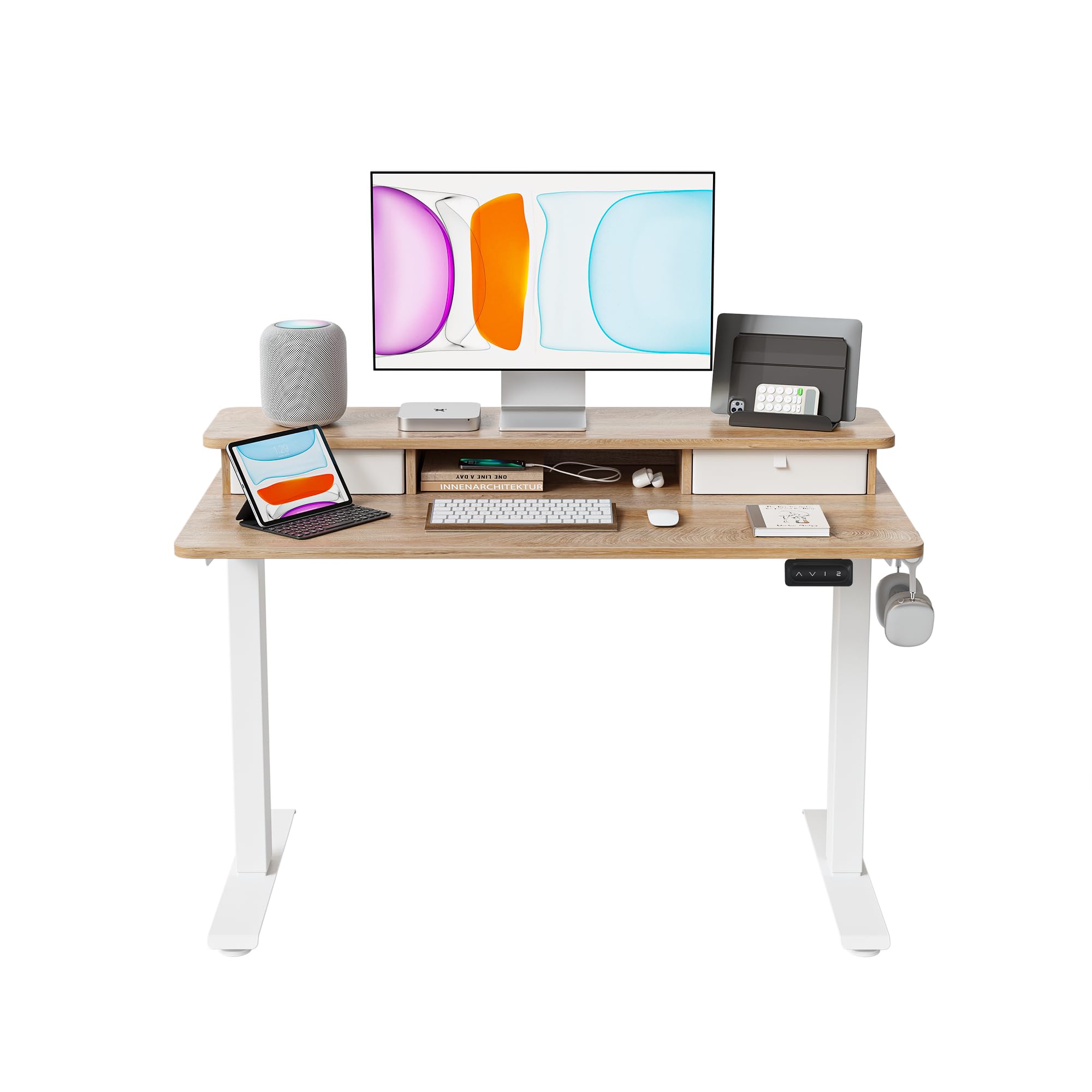 BANTI 40x24 Inches Adjustable Height Standing Desk with Drawers & Storage Shelf - Ergonomic Sit Stand Home Office Desk (White Frame/Maple Top) for Small Spaces & Remote Work