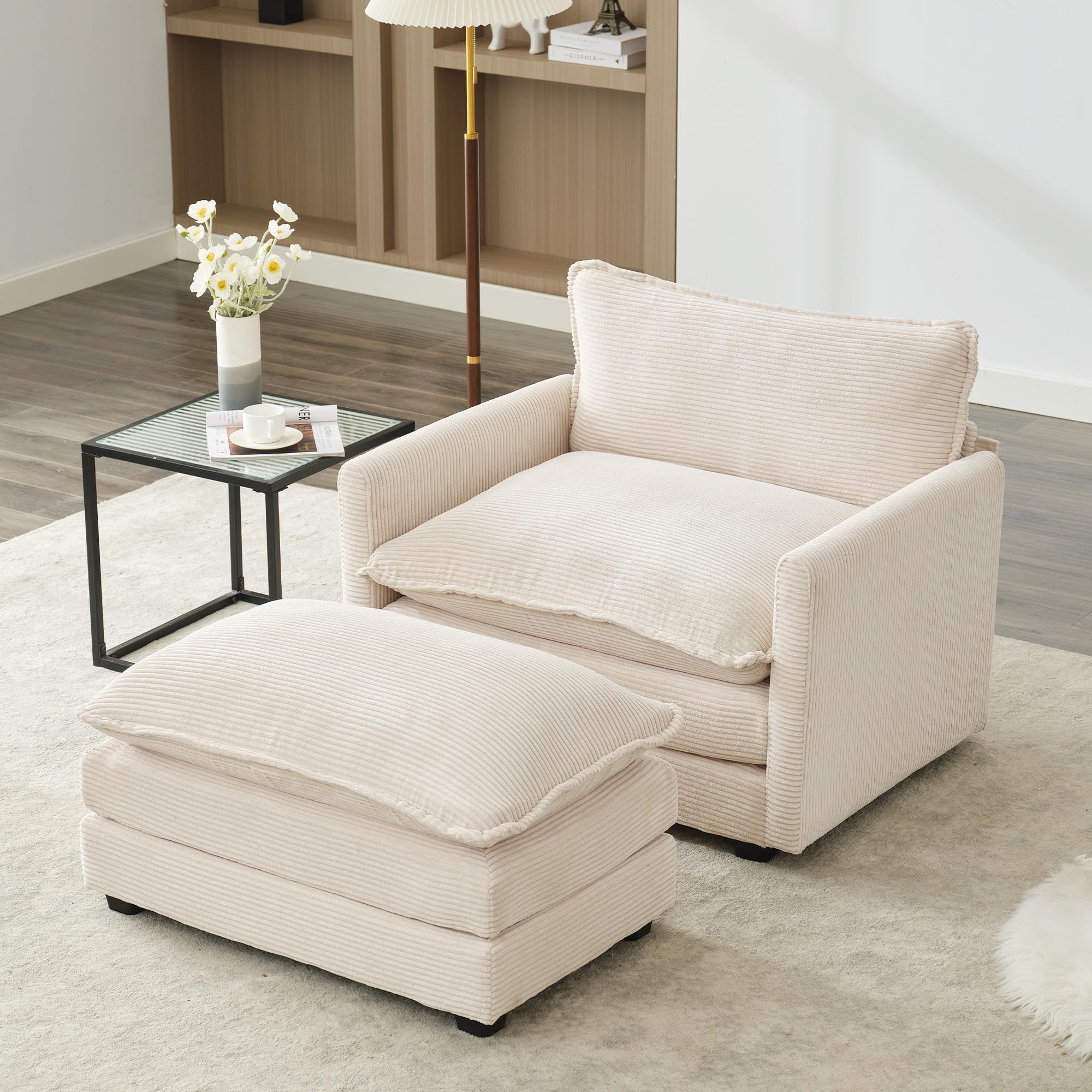 Convertible Sectional Sofa with Ottoman - Corduroy Upholstered Living Room Couch Set with Chaise Lounge, Modern Beige Furniture for Small Spaces | Perfect for Apartments, Family Rooms & Cozy Home Decor