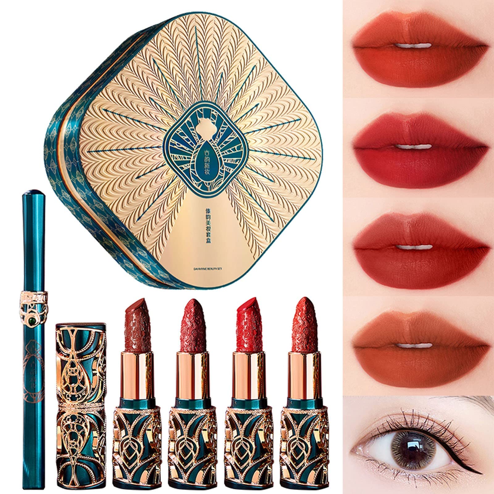 Oriental Ethnic Style Beauty Set - 4 Lipsticks & 1 Eyeliner (3ML) | Perfect Gift for Women | Makeup Palettes for Party, Wedding & Special Occasions