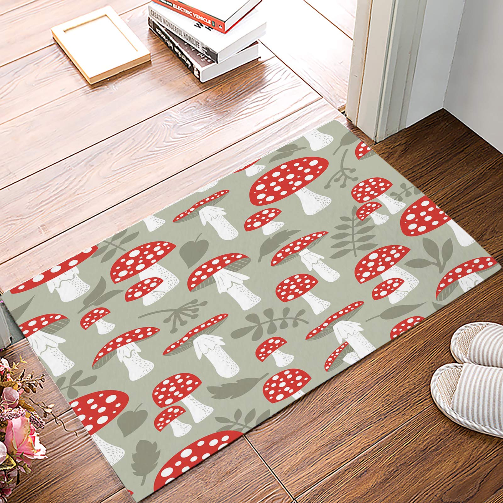 Non-Slip Autumn Amanita Mushroom Welcome Doormat - 16x24 Inch Soft Low Profile Front Door Mat with Red Berries & Leaves Design for Indoor Entrance - Perfect for Fall Decor, Cozy Home Entryway & Seasonal Gift