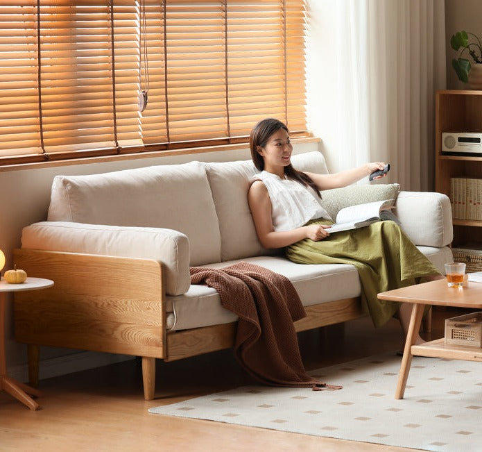 Oak Solid Wood Sofa Bed with Folding White Goose Feather Cushions - Convertible Sleeper for Small Spaces & Guest Rooms
