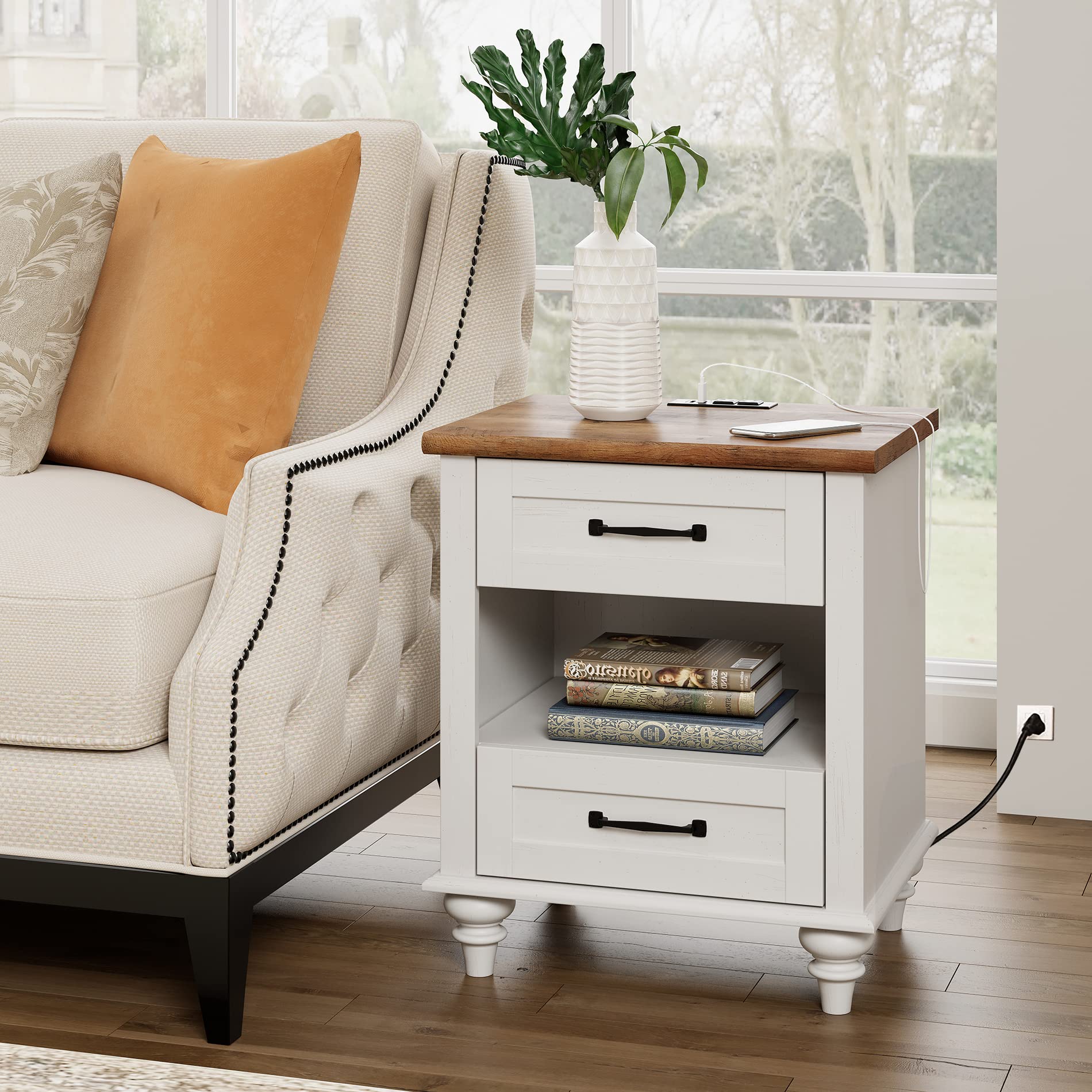 WAMPAT White Nightstand with 2 Drawers & USB Charging Station - Mid Century Modern Bedside Table with Power Outlets & Shelf - Wooden Side Table for Bedroom, Living Room & Office - Antique White Finish - Perfect for Small Spaces & Device Charging