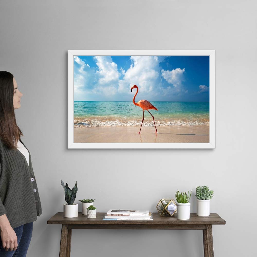 Flamingo Walking Along Beach White Framed Art Print - Tropical Flamingo Wall Decor for Living Room, Bathroom & Coastal Home Decor
