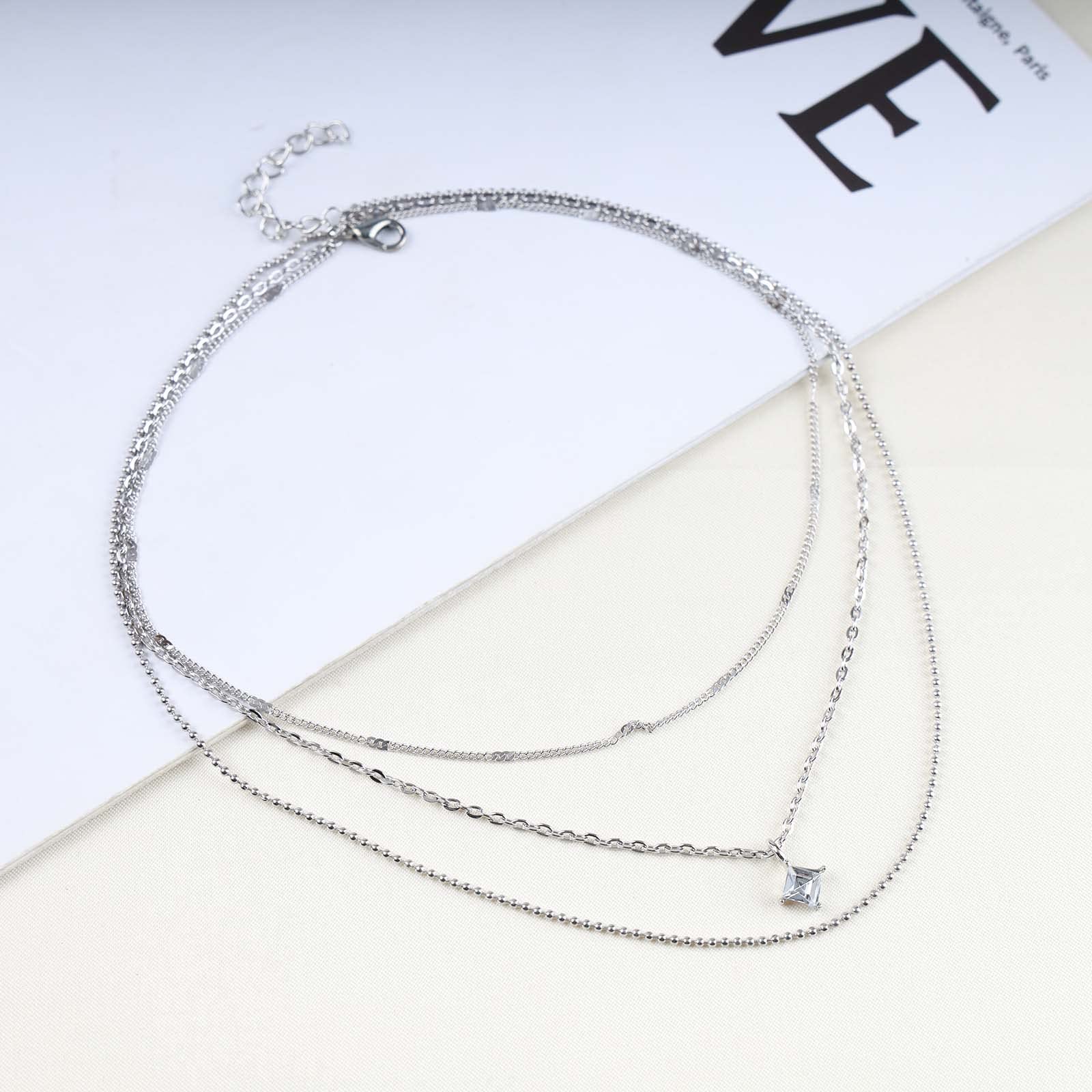 Andelaisi Boho Layered Crystal Choker Necklace - Gold Rhinestone Square Pendant with Sparkling CZ Stones, Vintage Ball Chain for Women | Perfect for Parties, Weddings & Date Nights