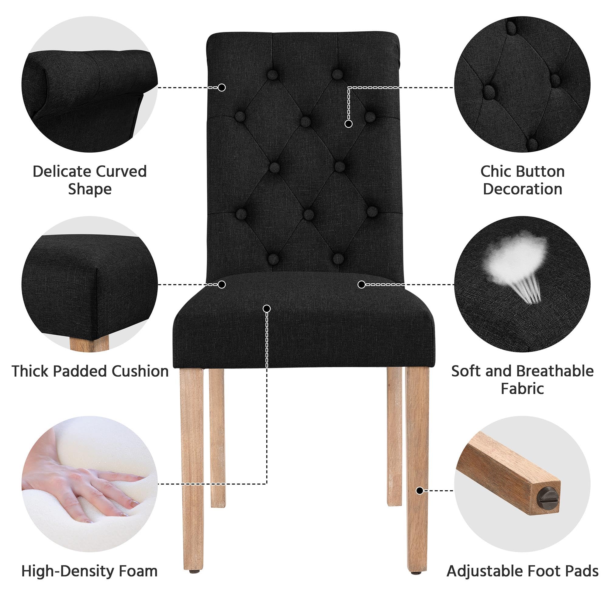 Yaheetech 4-Piece Tufted Dining Chairs Set - Modern Parsons Kitchen Chairs with Upholstered Fabric & Solid Wood Legs - Comfortable Padded Seats for Dining Room, Kitchen, Restaurant - Black (2-Pack)