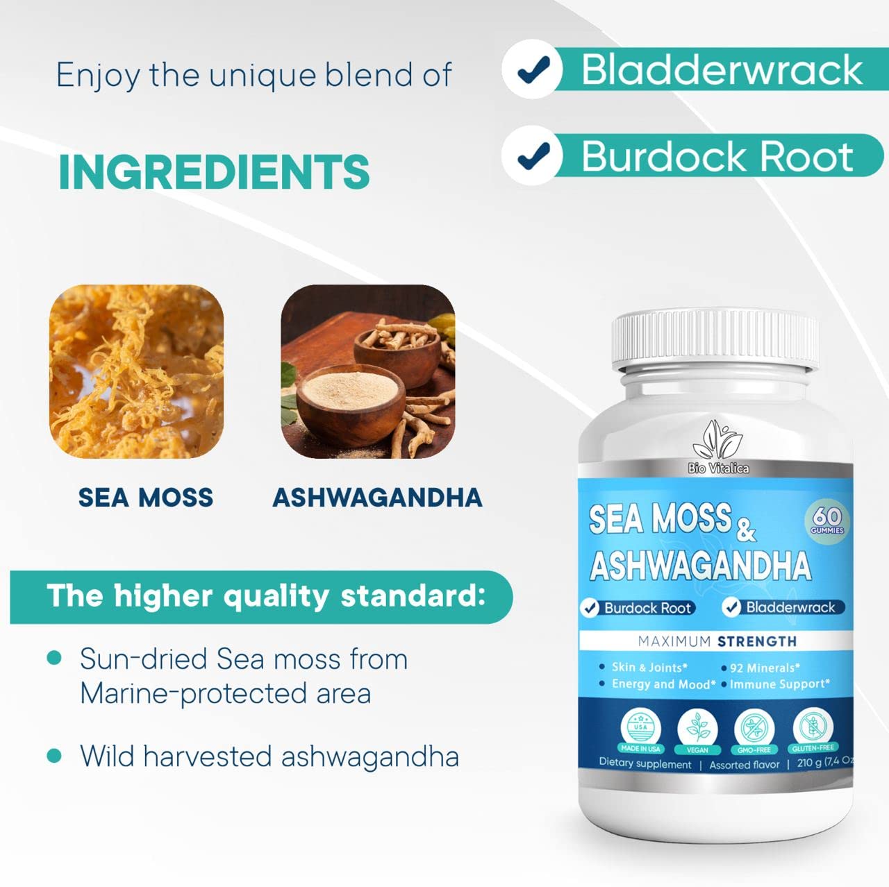 Organic BIO VITALICA Sea Moss Ashwagandha Gummies - Irish Seamoss & Ashwagandha Root Powder Supplement for Energy Boost & Immune Support - Vegan, Non-GMO, Gluten-Free for Men & Women - Perfect for Daily Wellness & Active Lifestyle