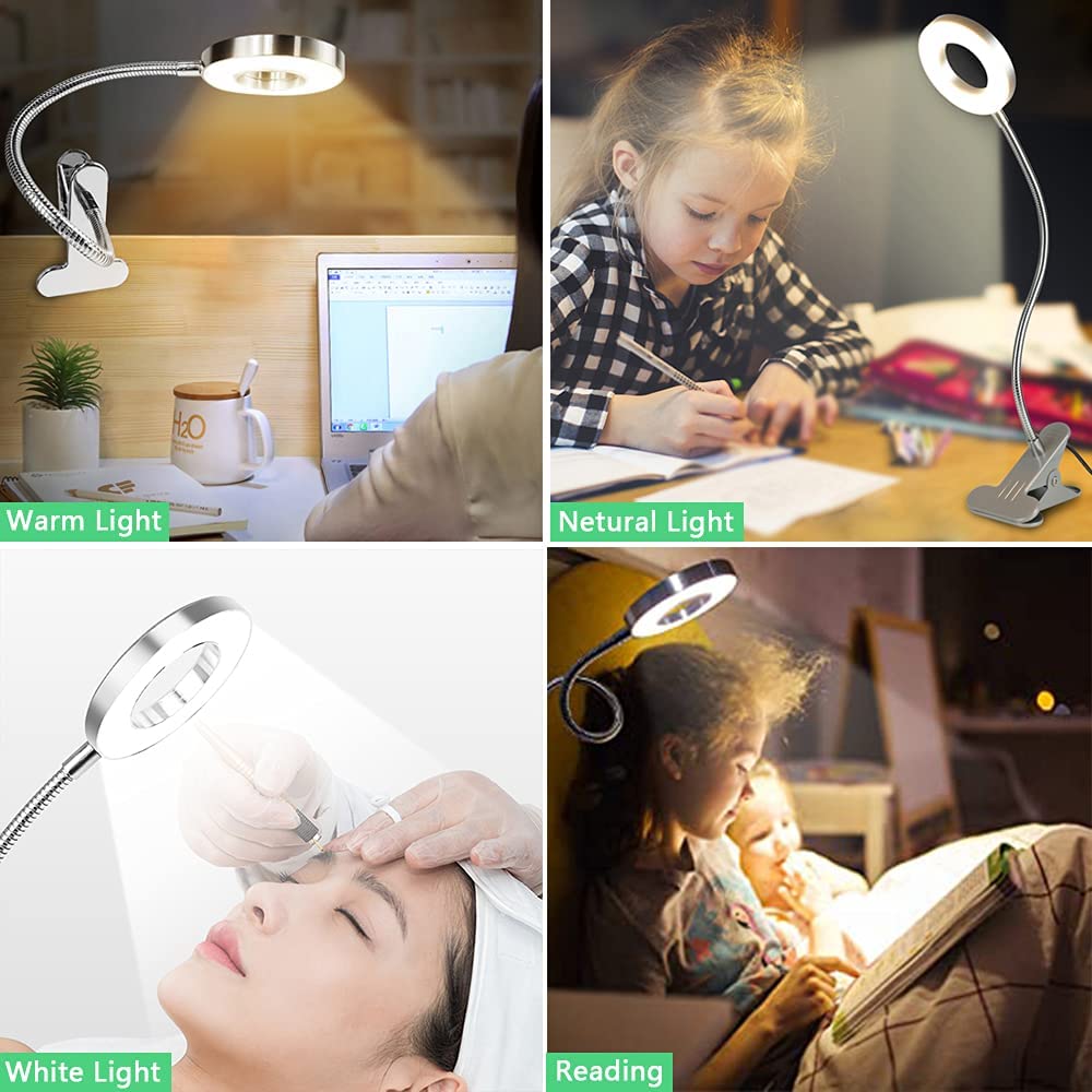 Depuley Dimmable Clip On Reading Light - 48 LED USB Bedside Lamp with 3 Color Modes & 15 Brightness Levels, Flexible Clamp Book Light for Makeup Mirror, Desk, Headboard, Piano, Computer - Perfect for Night Reading, Studying, and Crafting